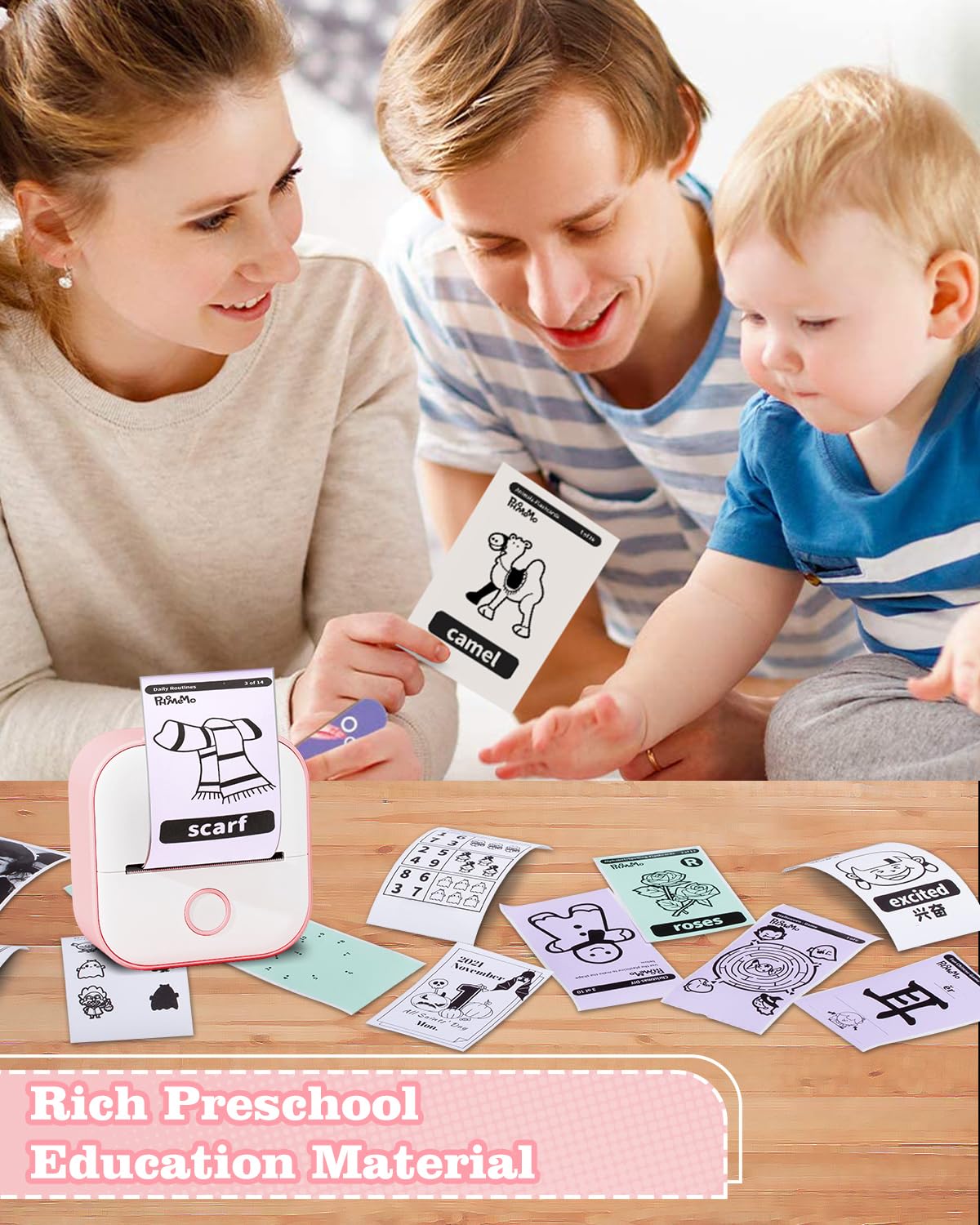 Memoking Mini Sticker Printer - T02 Small Thermal Printer for Phone, Portable Wireless Receipt Printers with 3 Rolls Paper for Children's Day Birthday, Compatible with iOS & Android, Pink