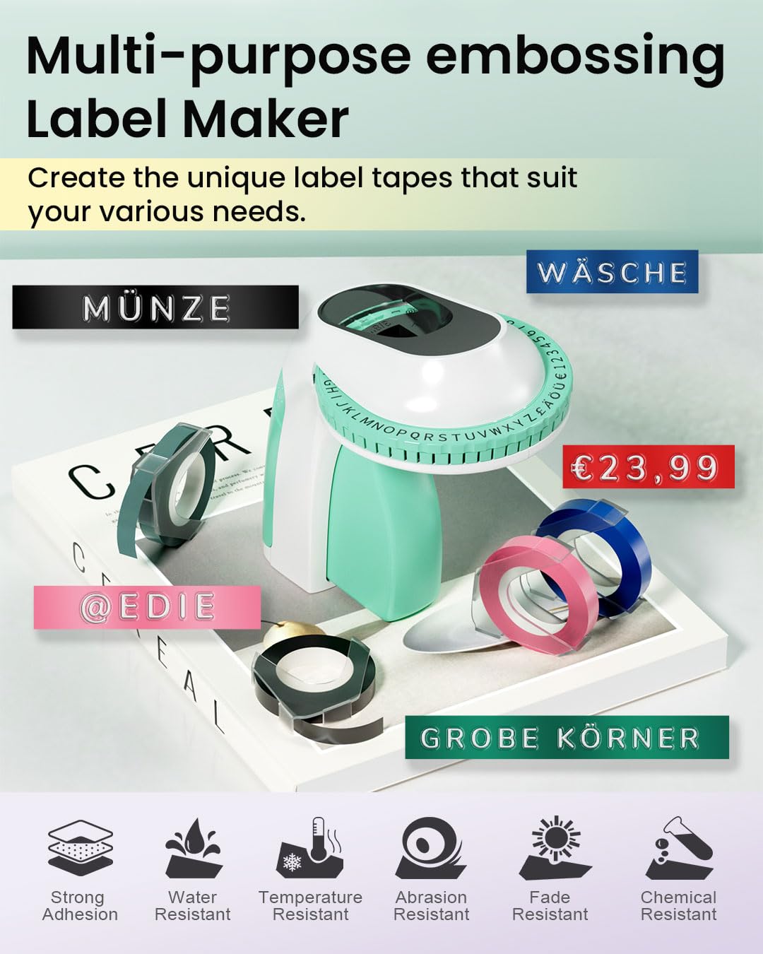 Memoking Embossing Label Maker Machine-E975 3D Label Maker Machine with 6 Rolls of 3/8''(9mm) Label, Handheld Embossing Label Maker, Lettering Embossed Label Maker for Home, Office and DIY (Green)