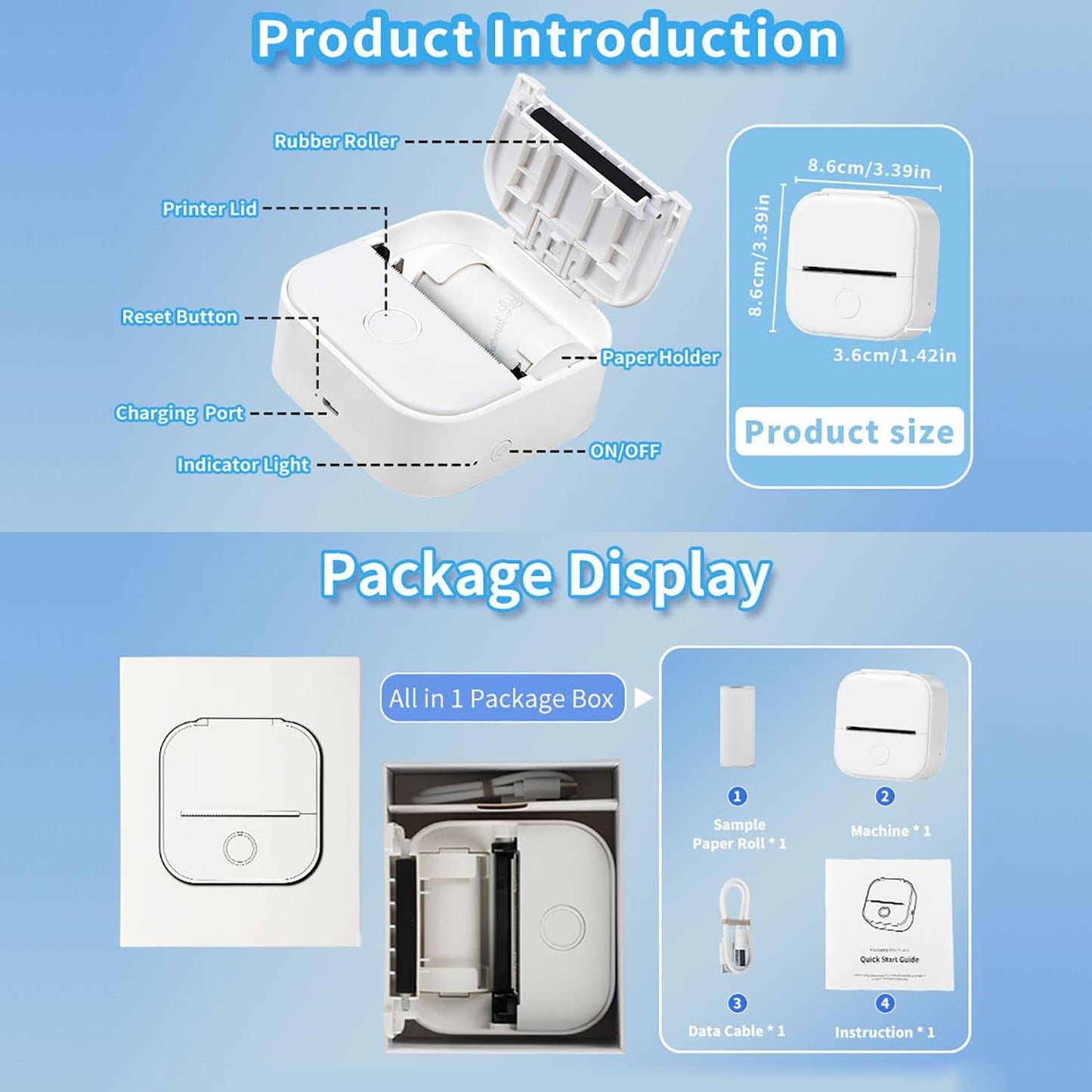 Memoking Mini Drucker - T02 Bluetooth Inkless Photo Printer, Kleiner Thermischer Taschenaufkleber-Drucker, Tragbarer Handy-Bilddrucker, für Kindergeburtstag, Kinder, Weiß
