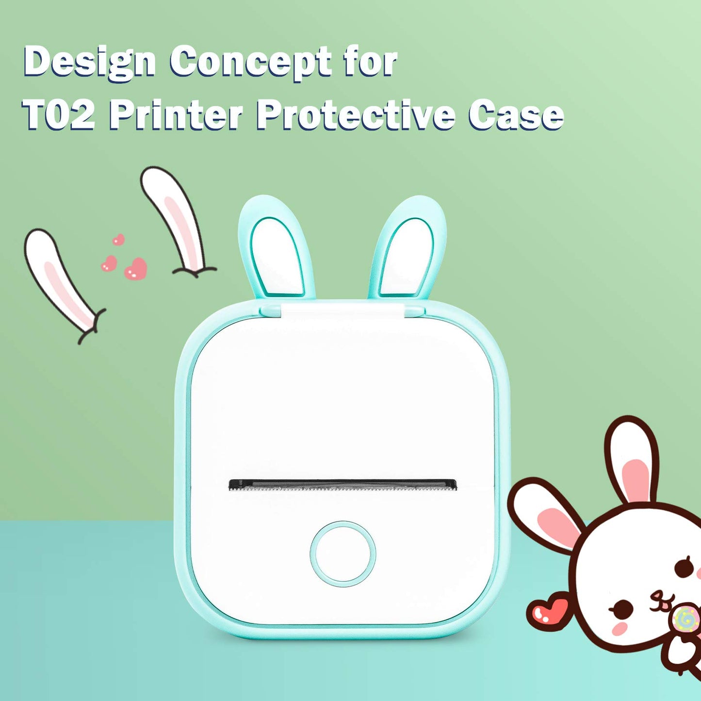 Memoking T02 Funda Protectora-Orejas de Conejito Linda Funda de Silicona sin BPA para Impresora, Compatible con T02 Mini Impresora Portátil de Bolsillo Inalámbrica con Bluetooth, Verde