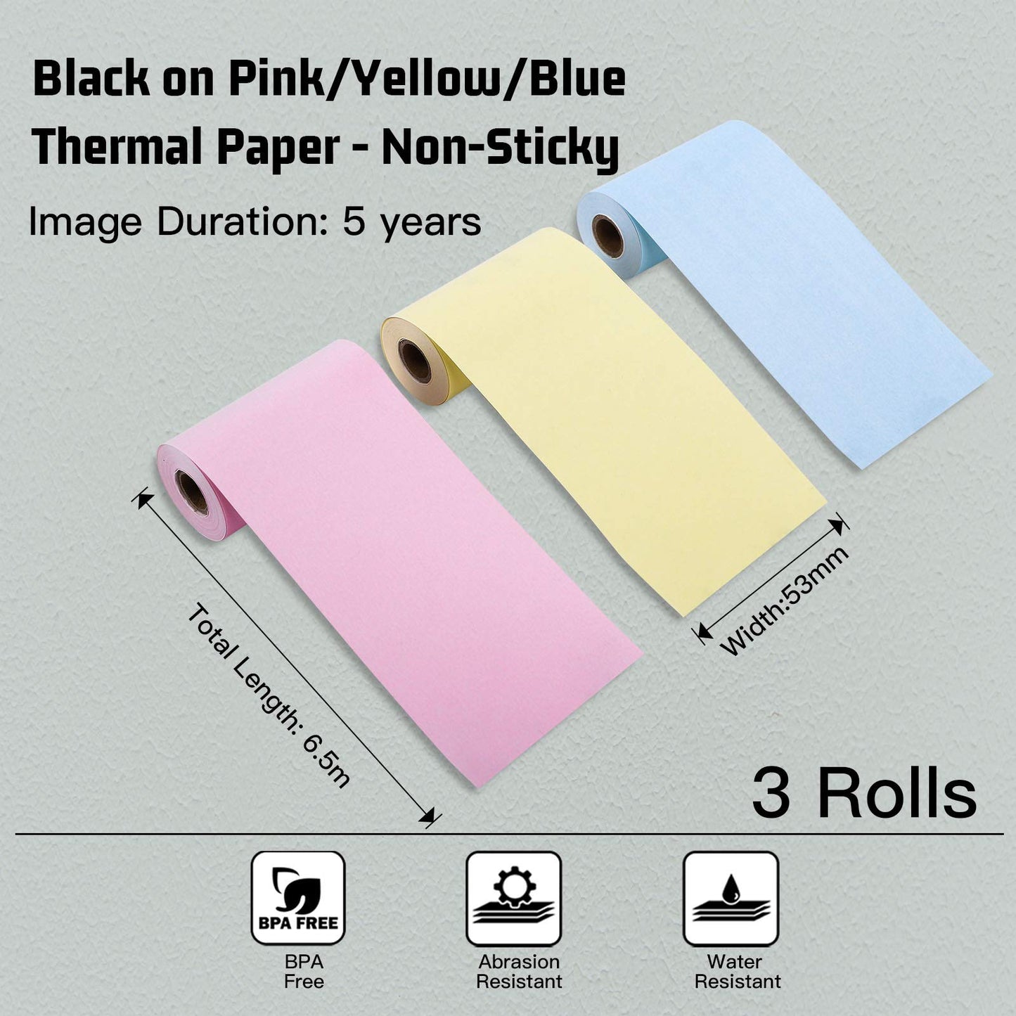 Memoking T02/M02X/M02L roze/geel/blauw thermisch papier - 5 jaar niet plakkerig 53mmx6,5m voor journaal, fototeksten, studienotities en meer, 3 rollen