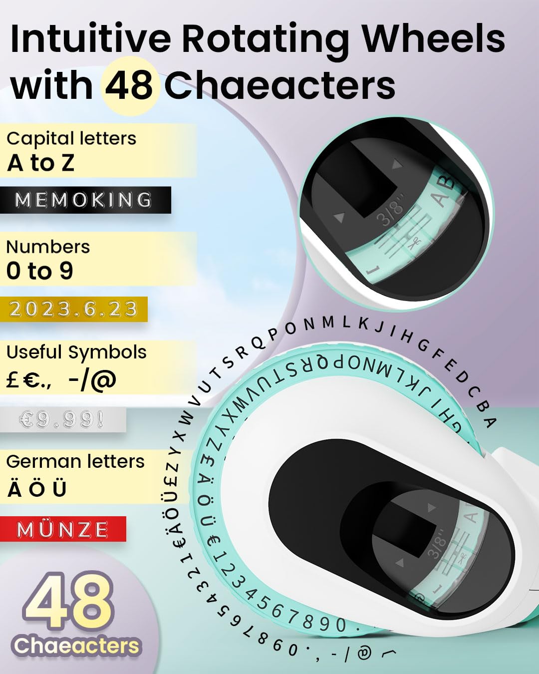 Memoking Etikettenprägegerät E975 Prägegerät mit 6 Rollen prägegerät Etiketten, 3D Handgerät Etikettendrucker mit Prägung, Tragbare Embossed Label Maker für Organisation, DIY (£/€, Ä, Ö, Ü)