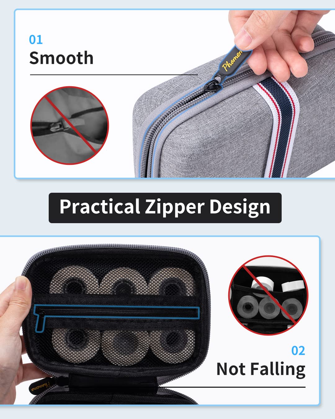 Memoking T02 Hard Storage Case - Compatible with Phomemo D30, SUPVAN E10, NIIMBOT D11, JADENS D110 and More, with Zipper Mesh Pocket, Waterproof Shockproof Case, Grey (Only Case)