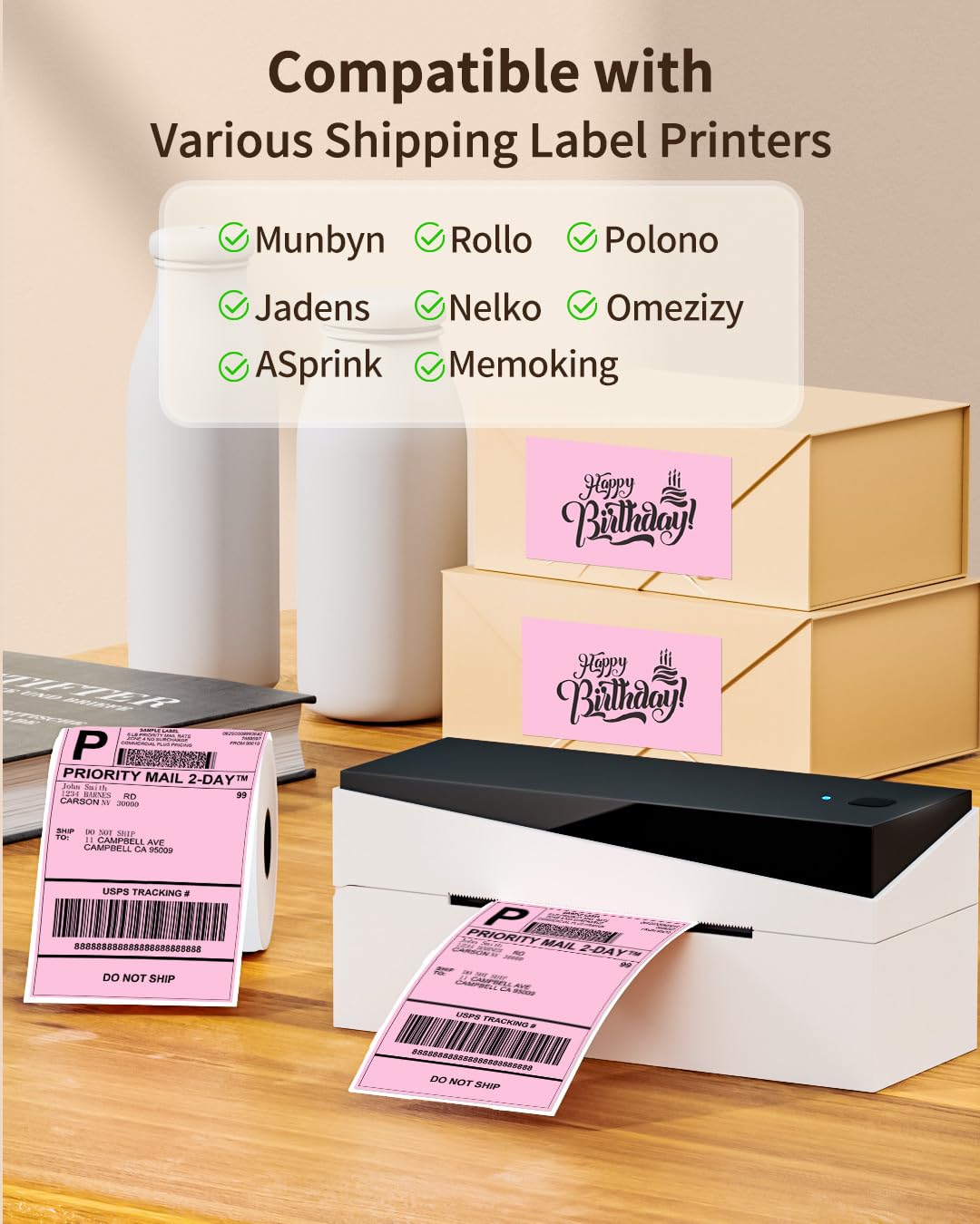 Memoking 4x6 Pink Thermal Shipping Labels, 500 Pics for Thermal Label Printer, Suitable for Etsy,Shopify, Ebay, Amazon, Royal Mail, FedEx, Compatible with Munbyn, Rollo, Polono, Jadens, Nelko, ASprink