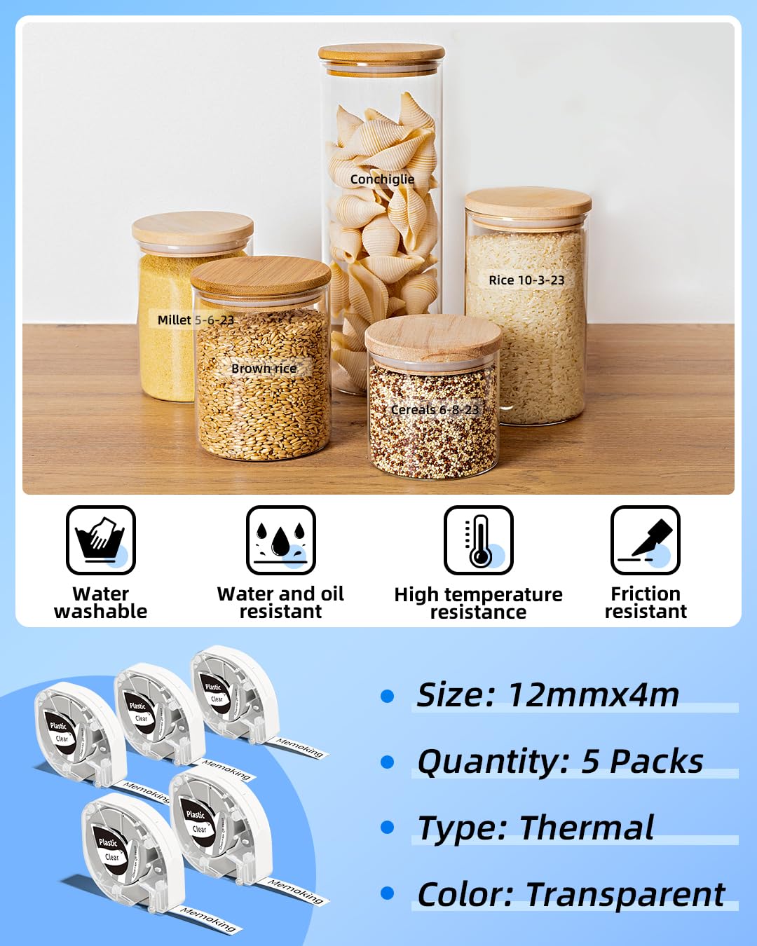 Memoking Label Maker Tape for Dymo Letratag Refills Clear Dymo Label Maker Refills Transparent, P12 Pro Label Tape Compatible with Dymo Lt-100H Lt-100T Lt-110T Qx50 Label Maker, 5 Rolls, 12mmx4m/Roll