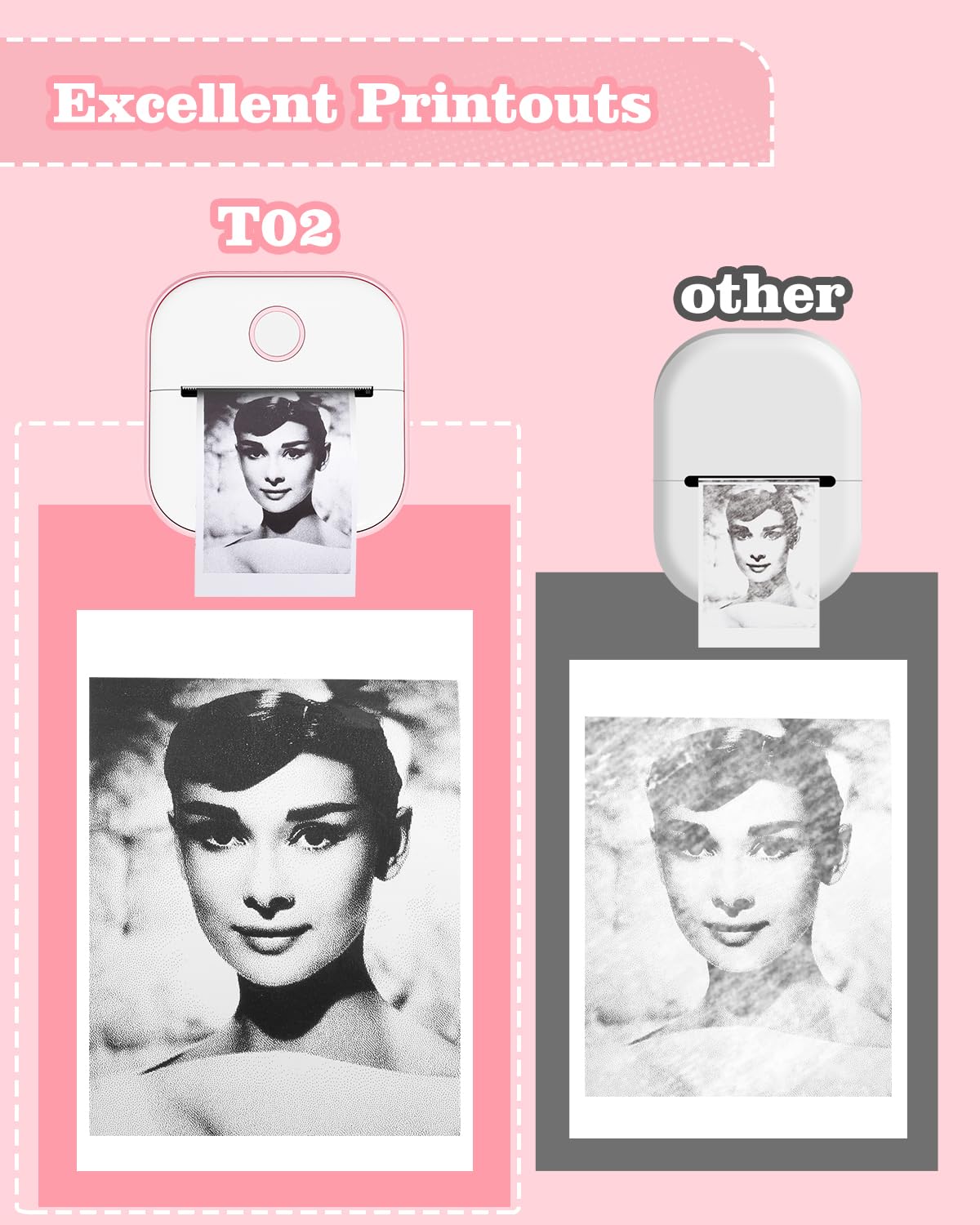 Memoking Mini Sticker Printer - T02 Small Thermal Printer for Phone, Portable Wireless Receipt Printers with 3 Rolls Paper for Children's Day Birthday, Compatible with iOS & Android, Pink