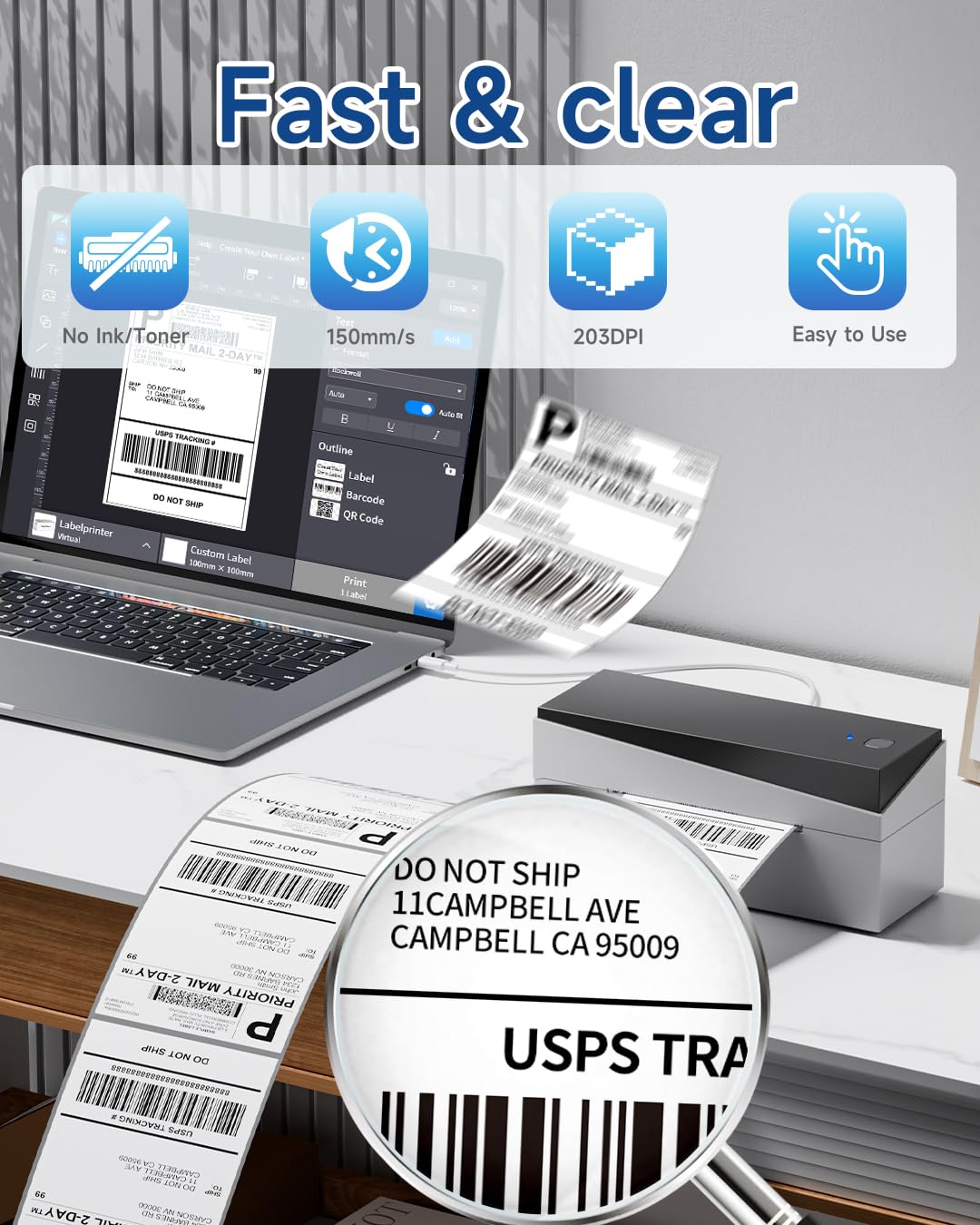 Memoking DHL Etikettendrucker Bluetooth, Thermodrucker 4x6 Versandetiketten Drucker für Barcode, Amazon, Etsy, Shopify, DHL, FedEx, Royal Mail, 249BT Thermodrucker Für Haushalte & kleine Unternehmen