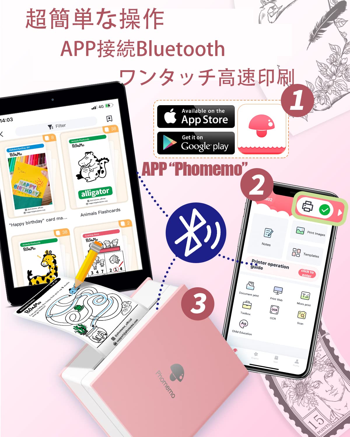 サーマルプリンター Memoking M02 ミニプリンター スマホ対応 小型 コンパクト 感熱プリンター メモプリンター フォトプリンター プリンター Bluetooth接続 プレゼント クリスマス 学習メモ/メモ/ハンドアカウント/エンターテインメント/白黒写真に使用 感熱紙のロールが付属