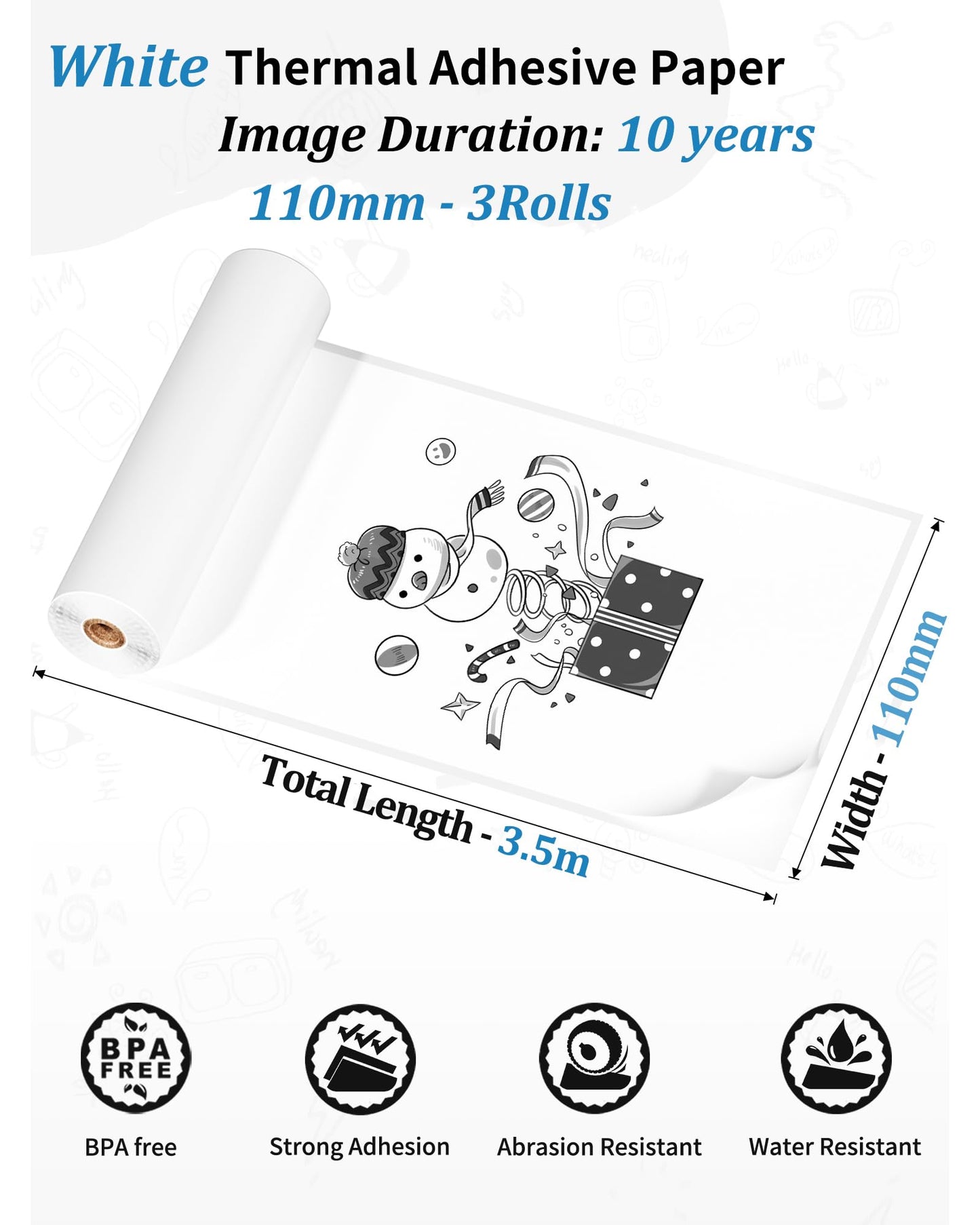 Memoking 110MM Adhesive White Thermal Sticker Paper for M04AS Printer, Compatible with Memoqueen Phomemo M04AS/M04S Printer, HD M04S Printer Paper for Document,Notes, List, 3 Rolls