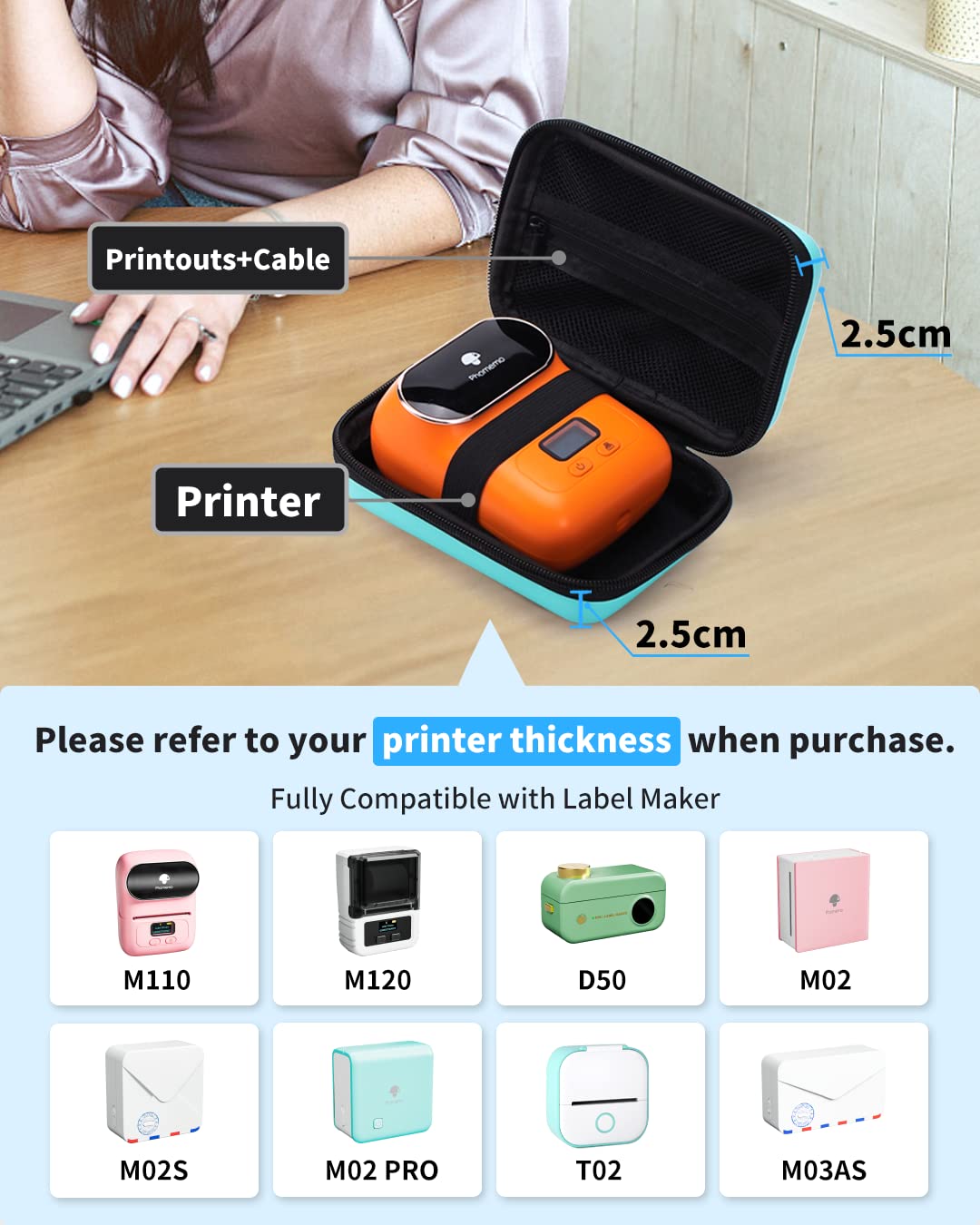 Memoking T02 Hard Storage Case - Compatible with Phomemo D30, SUPVAN E10, NIIMBOT D11, JADENS D110 and More, with Zipper Mesh Pocket, Waterproof Shockproof Case, Green (Only Case)