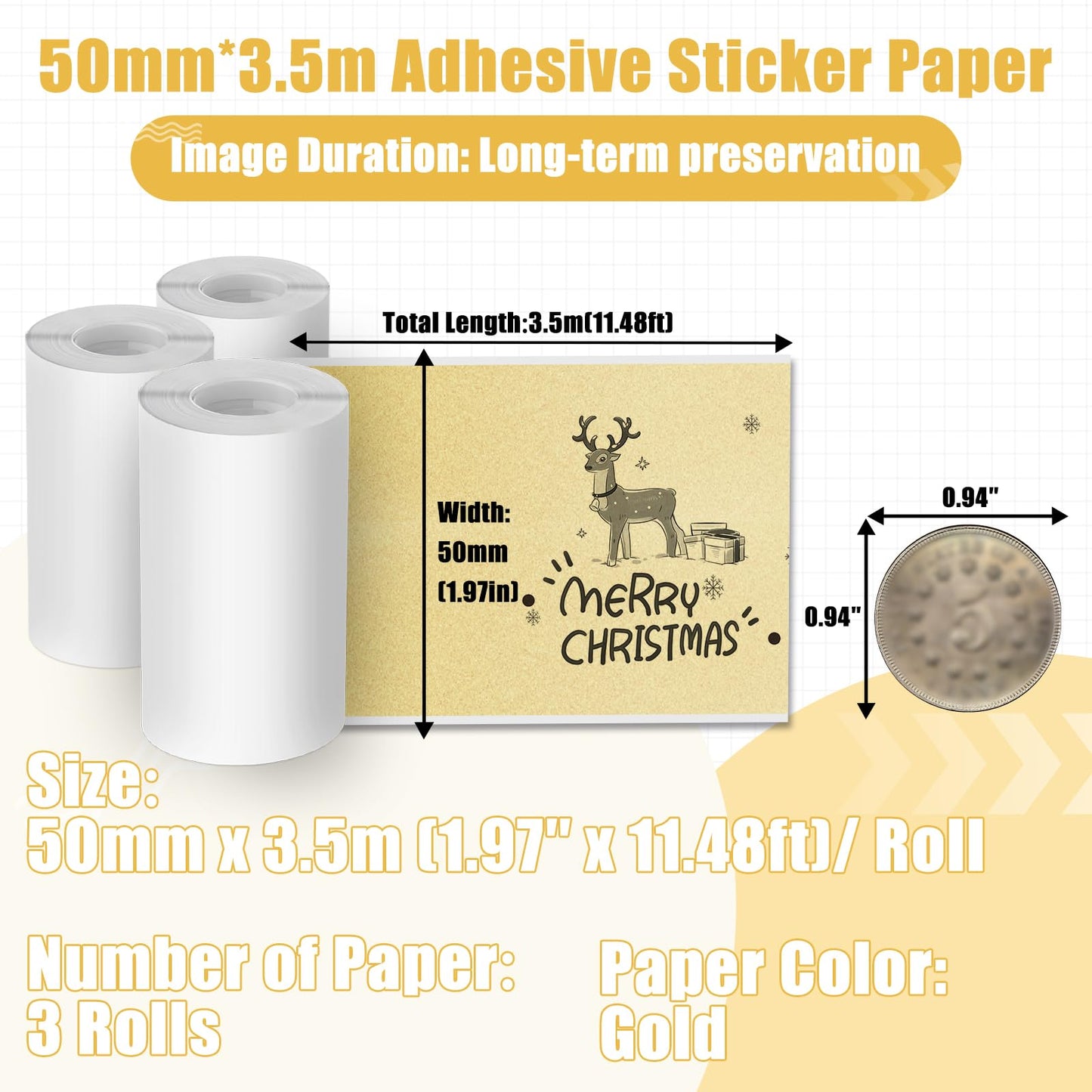 Memoking Gold Thermal Sticker Paper, M02 Printer Paper for Mini Printer M02 M02Pro M02S M03 M03AS M04S M04AS, 50mmx3.5m/Roll, Black on Gold, 3 Rolls, Compatible with Phomemo Printer Paper