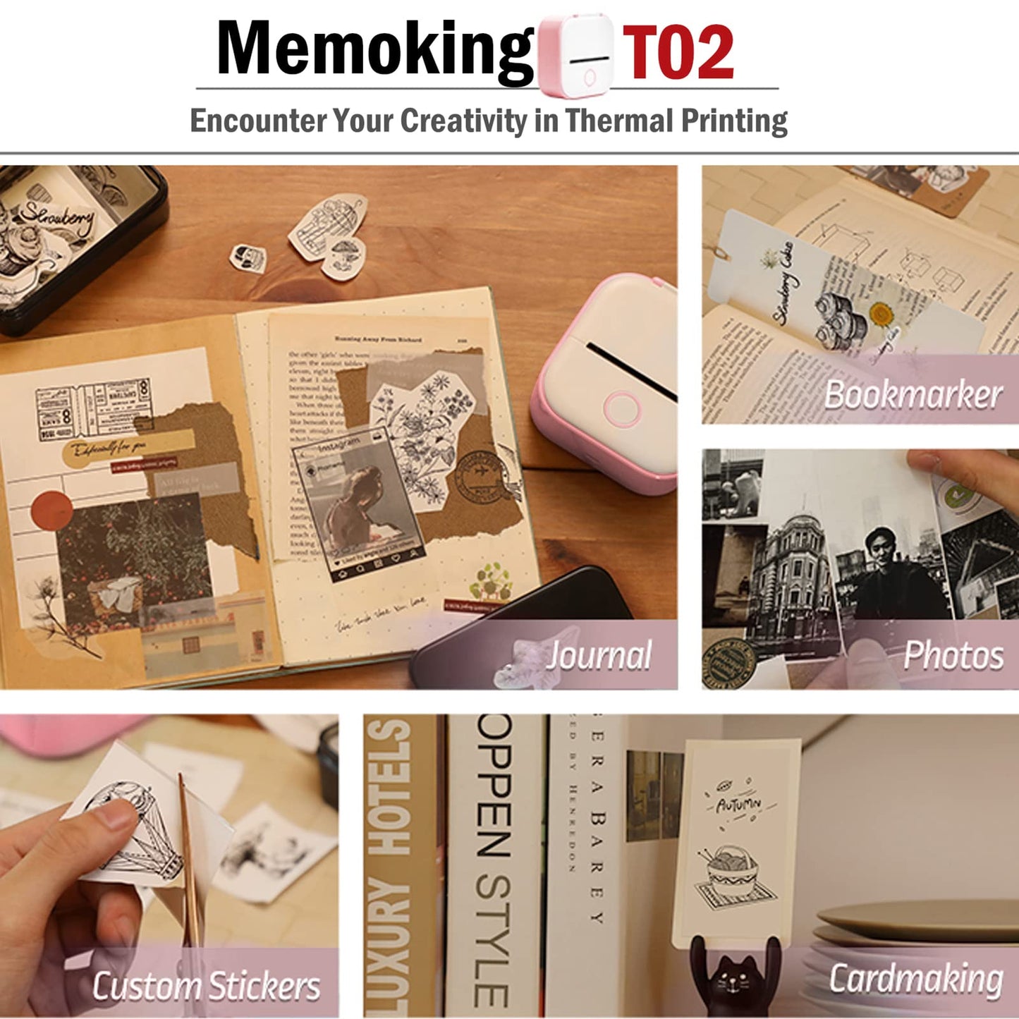 Memoking Mini Thermal Printer - T02 Pocket Compact Bluetooth Wireless Portable Mobile Printer, 203dpi Black and White Printing for Gift Study Notes Work Children, Compatible with iOS & Android, Pink