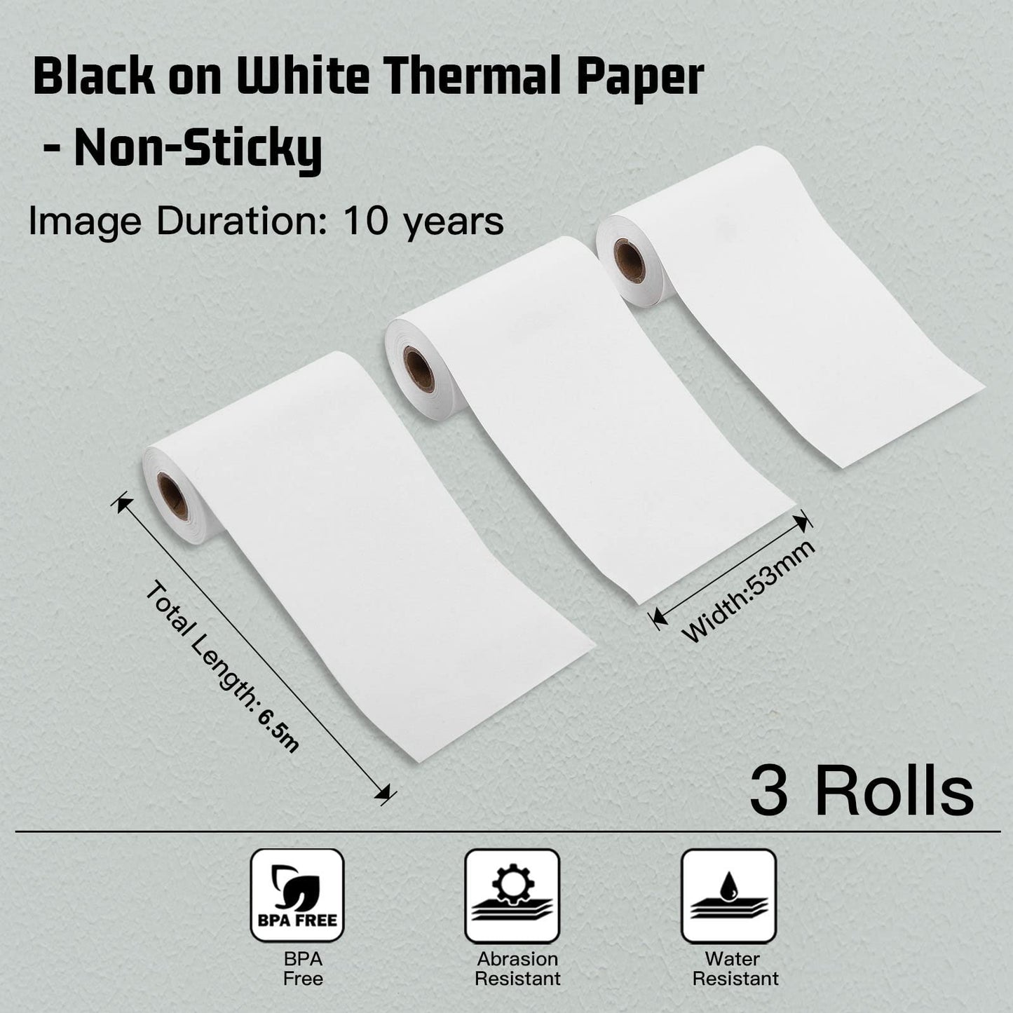 Memoking T02/M02X/M02L Weißes Thermopapier - 10 Jahre nicht klebrig 53mmx6.5m für Journal Fototexte Studiennotizen und mehr, 3 Rollen