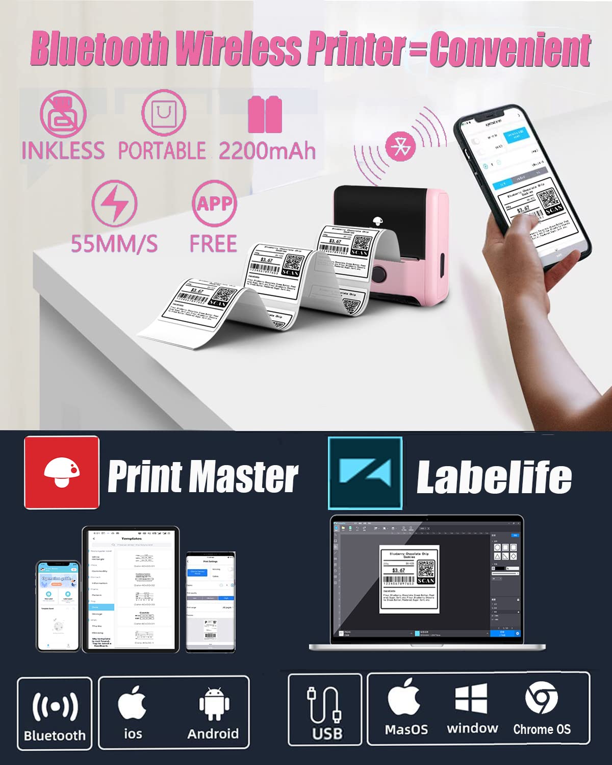 Memoking Portable Label maker, Label Printer for Small Business,Label Maker Machine with Tape for Jars,Candles,Address, Labeling, Mailing, LOGO&Product,Mini Sticker Printer for Phone & PC,Pink