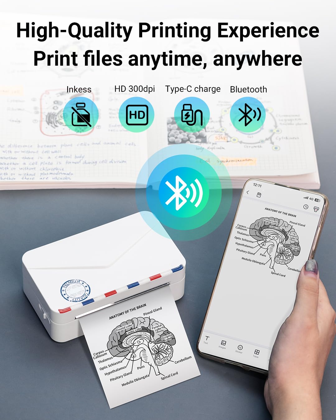 Memoking Mini Sticker Printer - 300dpi M03AS Thermal Portable Mini Printer, Bluetooth Inkless Pocket Printer for Phone, Sticky Note Printer for Study Notes, Memo, DIY, Photos, Label