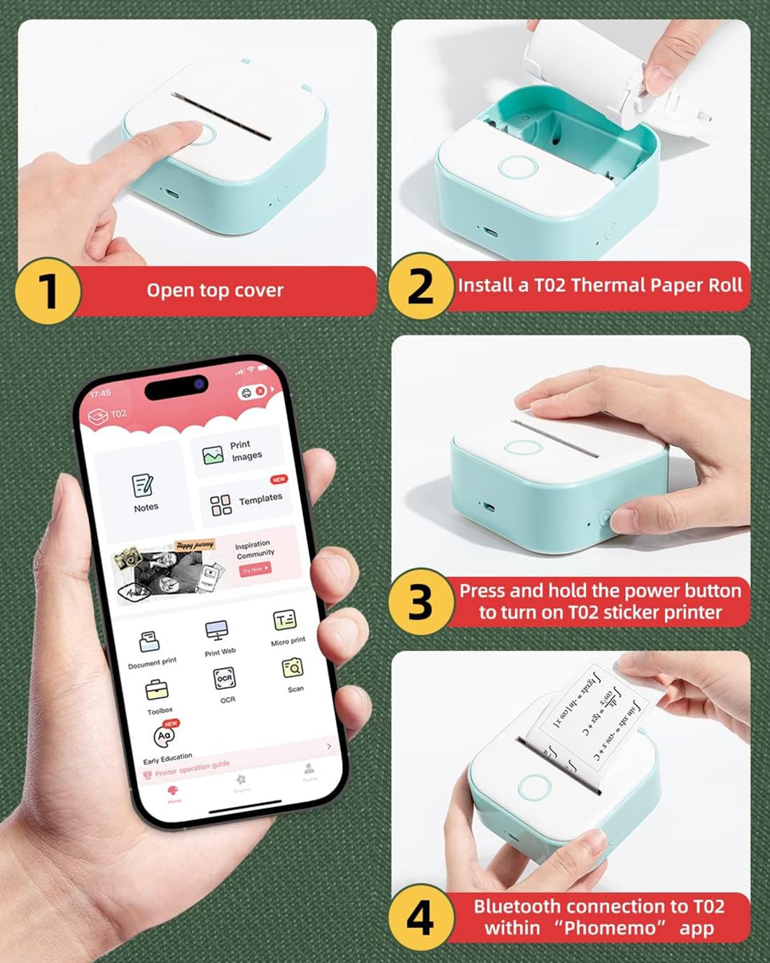 Phomemo T02 Mini Autocollant imprimante Portable, imprimante Photo Thermique pour l'apprentissage, Notes, Images, Photos, Magazines, Compatible avec Tablette de téléphone Portable, Vert