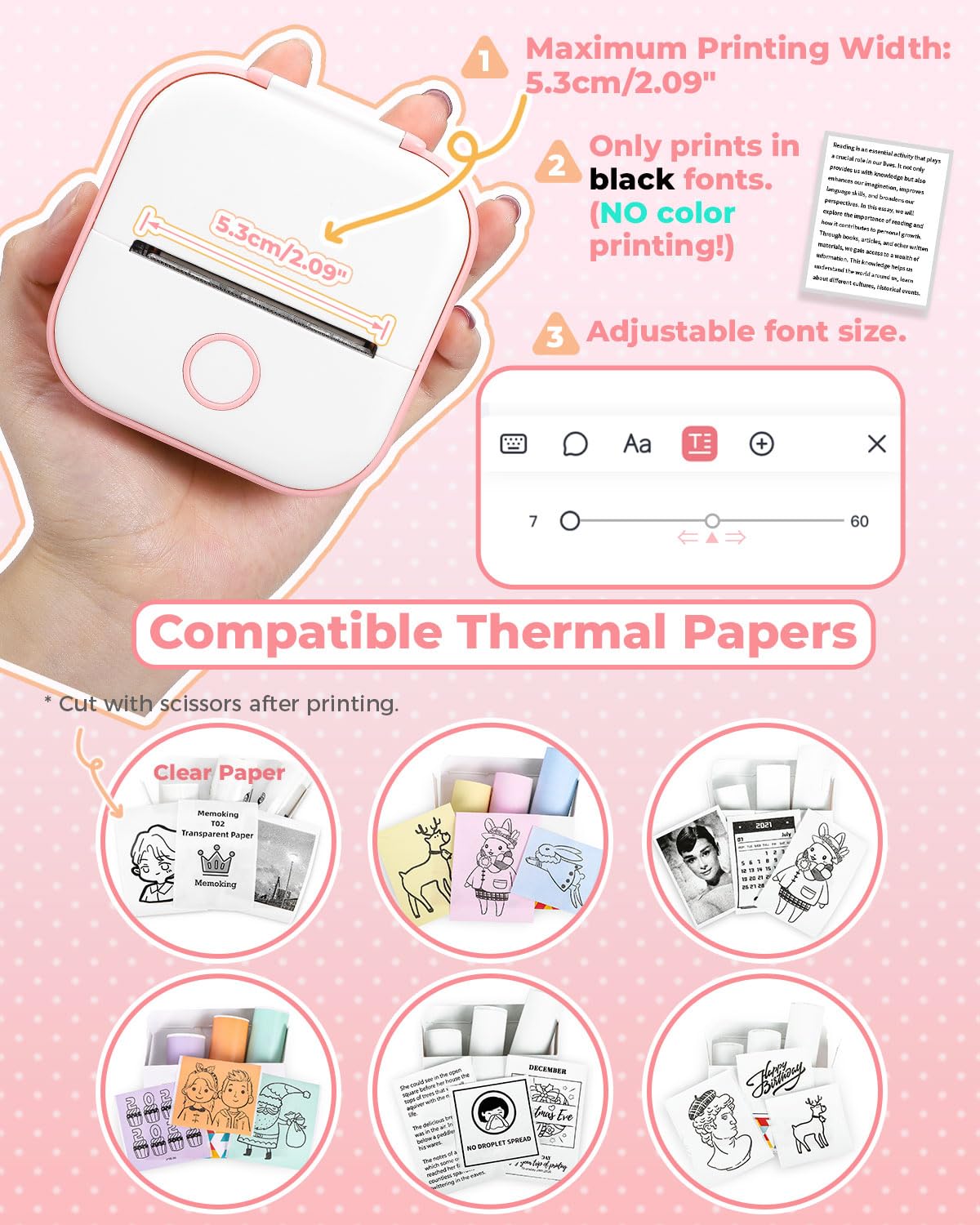Memoking Mini Sticker Printer - T02 Small Thermal Printer for Phone, Portable Wireless Receipt Printers with 3 Rolls Paper for Children's Day Birthday, Compatible with iOS & Android, Pink