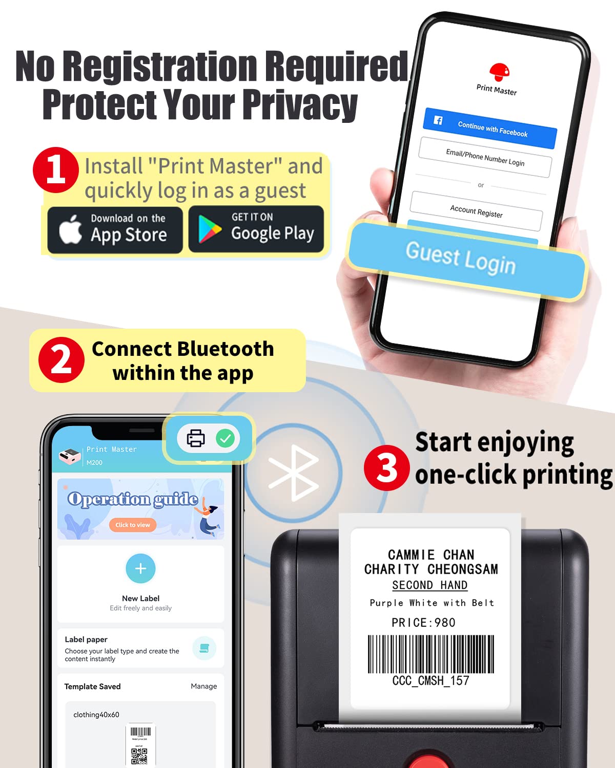Portable Label Maker 1Roll - 3'' Bluetooth Thermal Label Printer for Labeling Products - M200 Barcode Printer and Scanner for Phone&Pad&PC, Wireless Label Makers for Labels/Photo/Logo