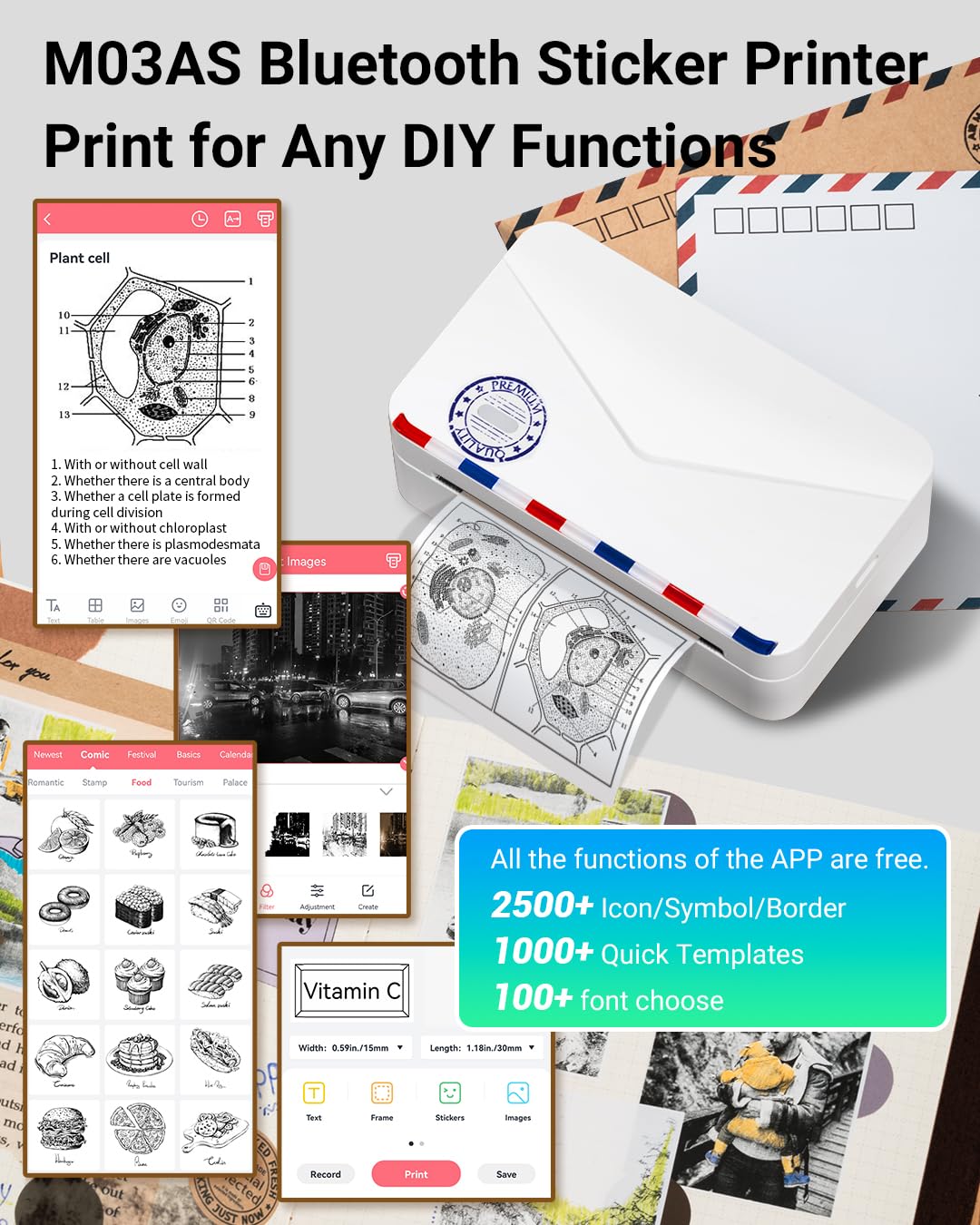 Memoking Mini Sticker Printer - 300dpi M03AS Thermal Portable Mini Printer, Bluetooth Inkless Pocket Printer for Phone, Sticky Note Printer for Study Notes, Memo, DIY, Photos, Label
