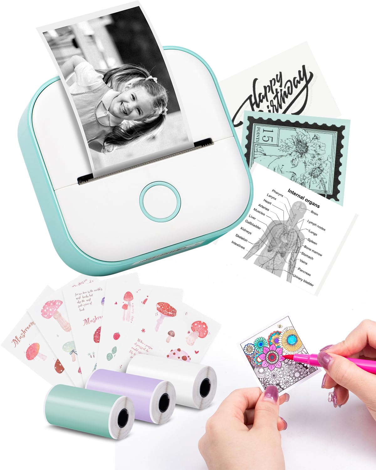 Mini Printer - Sticker Printer T02 Portable Thermal Printer Inkless Sticker Maker Machine Pocket Bluetooth Receipt Printers Phone Printer for Learning, Study Notes, Anatomical Diagram, Photos, Journal