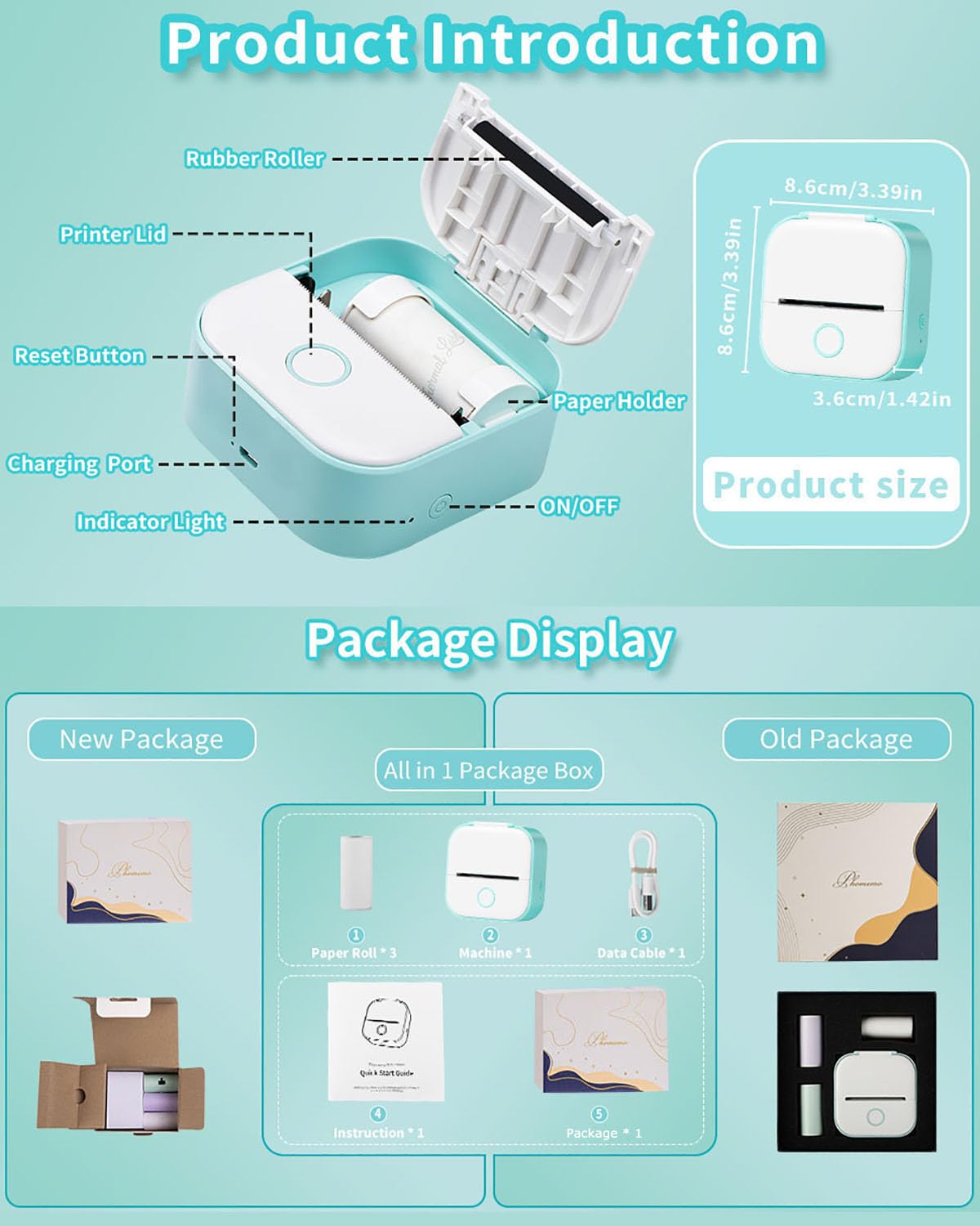 T02 Impresora Portátil de Mini Pegatina, Impresora Fotográfica Térmica para Aprender, Notas, Imágenes, Fotos, Revistas, Compatible con Tabletas Móviles, Verde