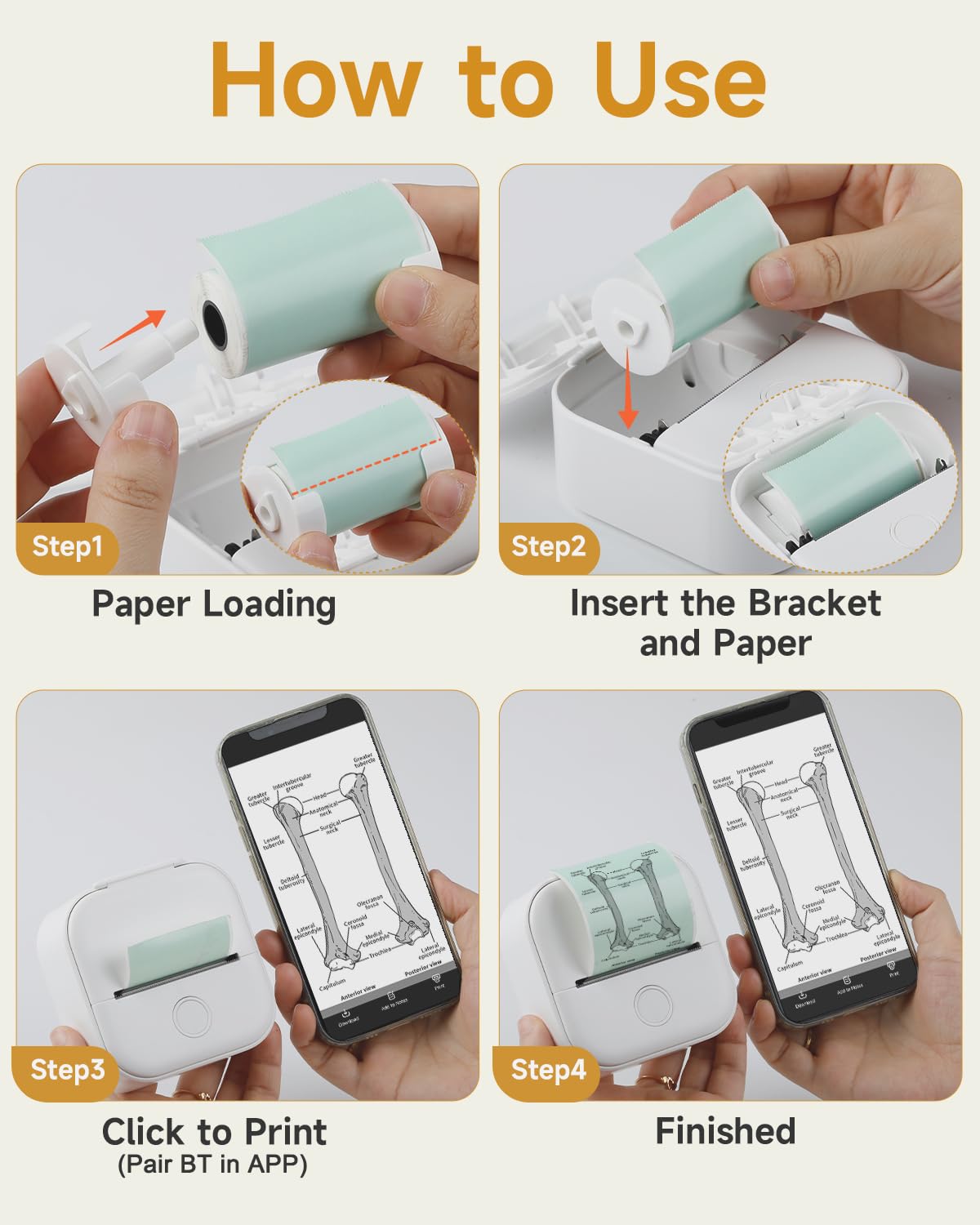 Memoking Mini Portable Sticker Printer - T02 Pocket Printer with 3 Rolls Paper, Bluetooth Picture Receipt Printers for Children Birthday, Compatible with Phone & Tablet, White