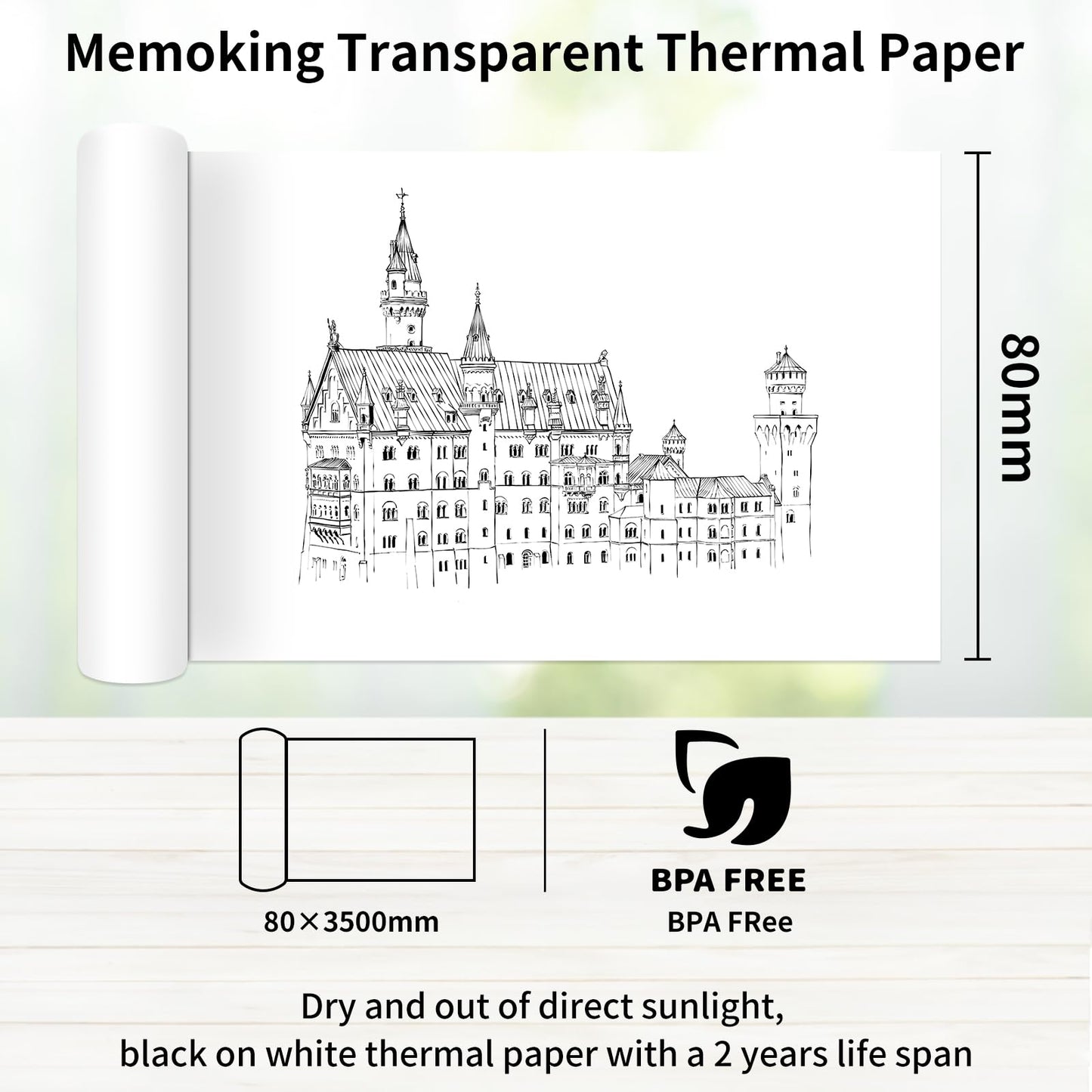 Memoking Biały, samoprzylepny papier termiczny, odporny na olej i wodę, 80 mm x 3500 mm do drukarek M03/M03S/M03A/M03AS/M04AS i drukarki termicznej M833/M832/M834/M835, trwałość przez 2 lata, 3 rolki