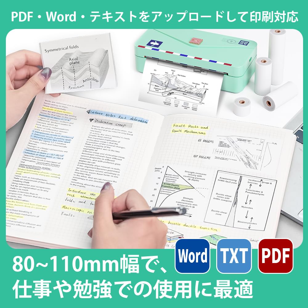 サーマルプリンター モバイルプリンター モノクロ ミニプリンター スマホ対応 Memoking M04AS ラベルライター ラベルプリンター 304dpi 15/53/80/110mm幅 モノクロフォトプリンター Bluetooth接続 勉強用 メモ ノート 手帳 家計簿 レシート 葉書 在宅勤務 日本語対応 110mm感熱紙1巻付属 グリーン