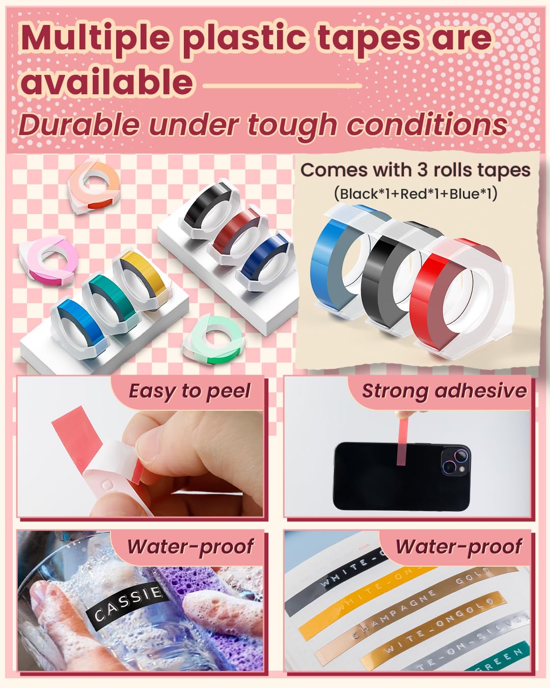 Memoking Embossed Label Maker Machine-E975 3D Embossing Label Makers with 6 Rolls Label Emboss, Handheld Vintage Embosser, Lettering Label Maker Embossing for Home, Kitchen, Gift, Organization (Pink)