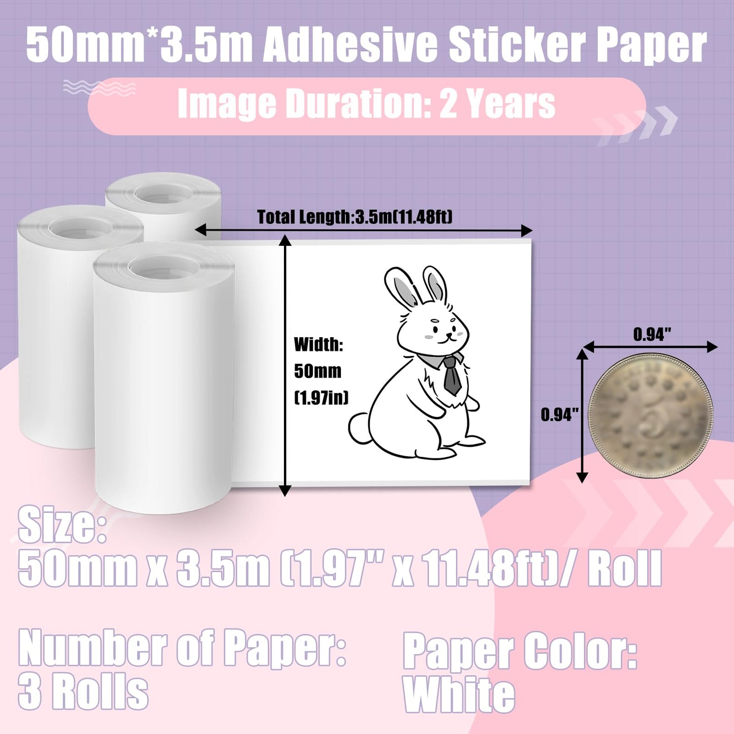 HD White Sticker Paper, Adhesive Thermal Paper for M02 M02S M02Pro M03 M03AS M04S Pocket Phone Printer - Memoking M02 Label Paper Compatible with Phomemo Printer Paper M02, 50mm x 3.5m/Roll, 3Rolls