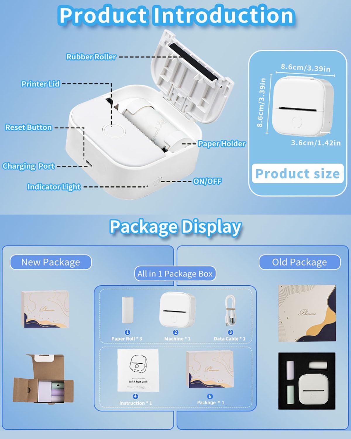 Memoking Mini Portable Sticker Printer - T02 Pocket Printer with 3 Rolls Paper, Bluetooth Picture Receipt Printers for Children Birthday, Compatible with Phone & Tablet, White