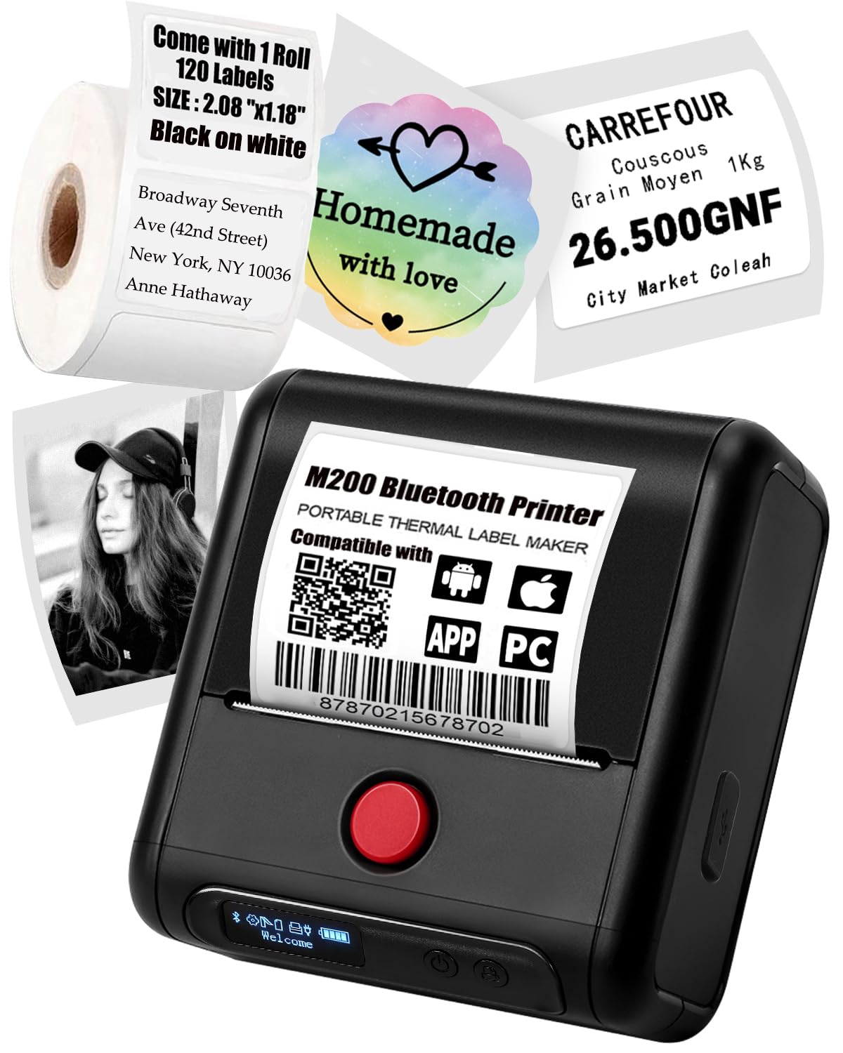 Portable Label Maker 1Roll - 3'' Bluetooth Thermal Label Printer for Labeling Products - M200 Barcode Printer and Scanner for Phone&Pad&PC, Wireless Label Makers for Labels/Photo/Logo