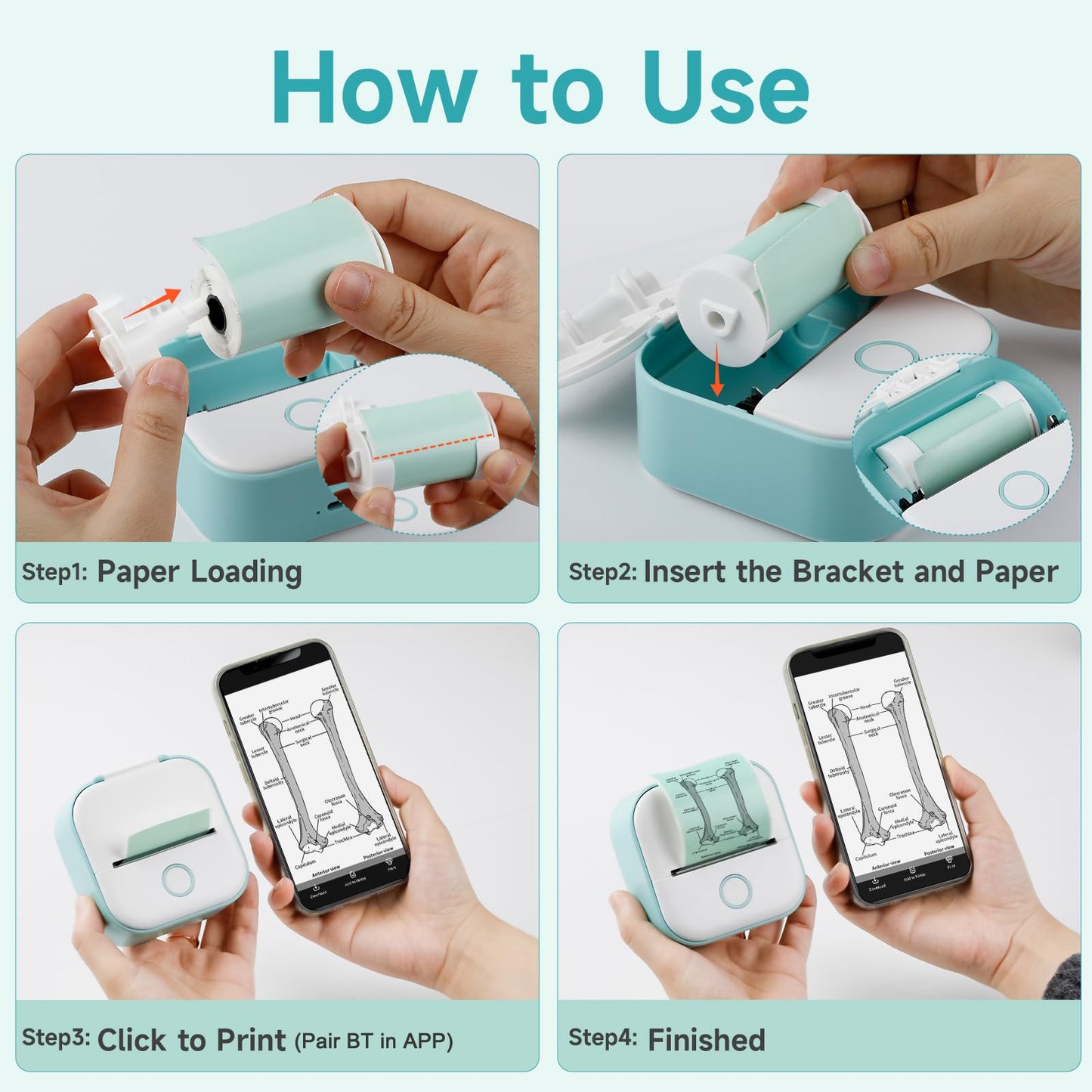 Memoking Mini Pocket Printer - T02 203dpi Bluetooth Thermal Printer, Portable Phone Printer for Children, Compatible with Phones&Tablets, Green