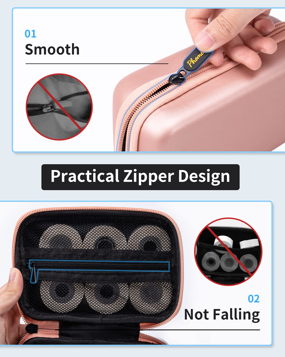 Memoking T02 Hard Storage Case - Compatible with Phomemo D30, SUPVAN E10, NIIMBOT D11, JADENS D110 and More, with Zipper Mesh Pocket, Waterproof Shockproof Case, Pink (Only Case)