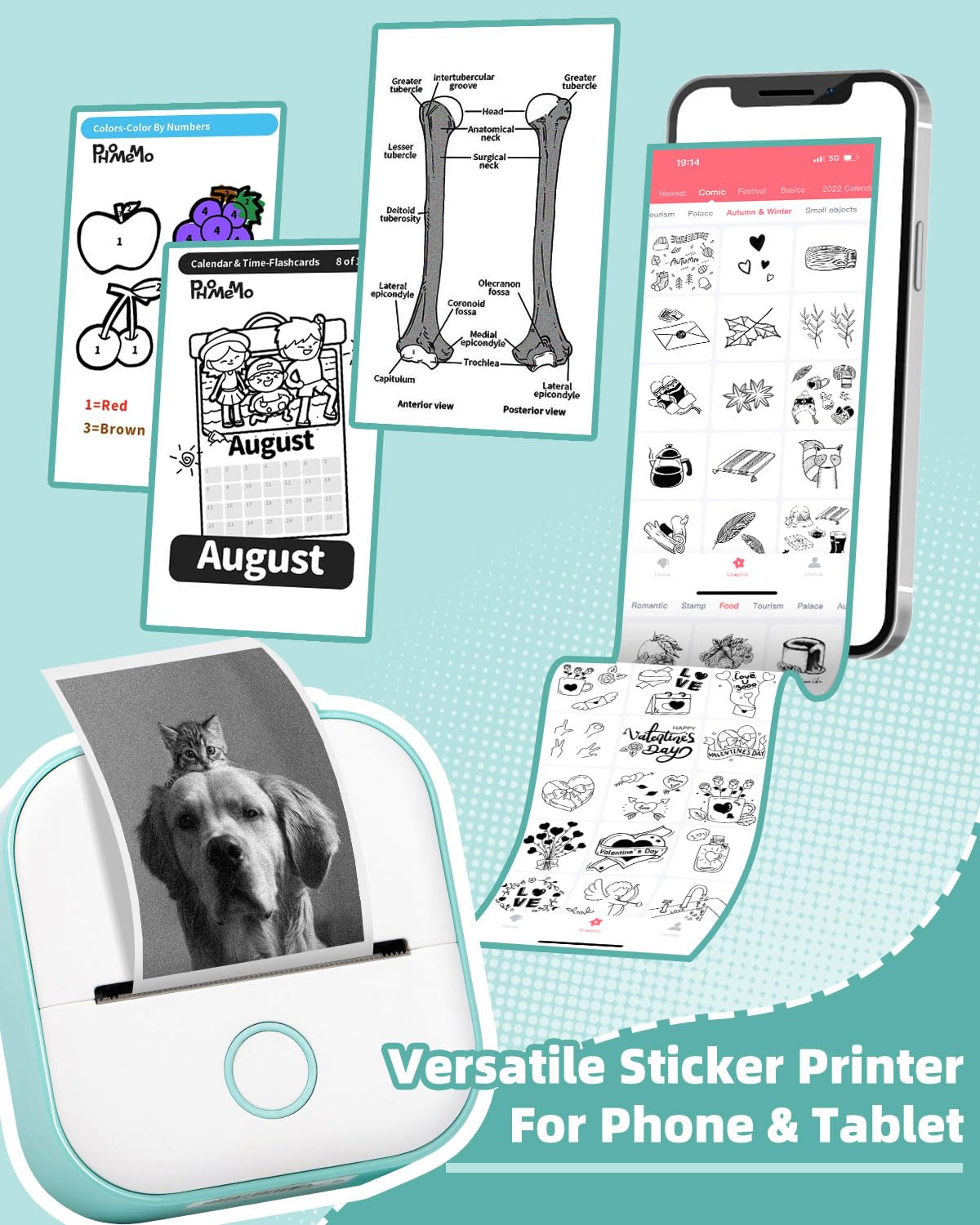 Mini Printer - Sticker Printer T02 Portable Thermal Printer Inkless Sticker Maker Machine Pocket Bluetooth Receipt Printers Phone Printer for Learning, Study Notes, Anatomical Diagram, Photos, Journal