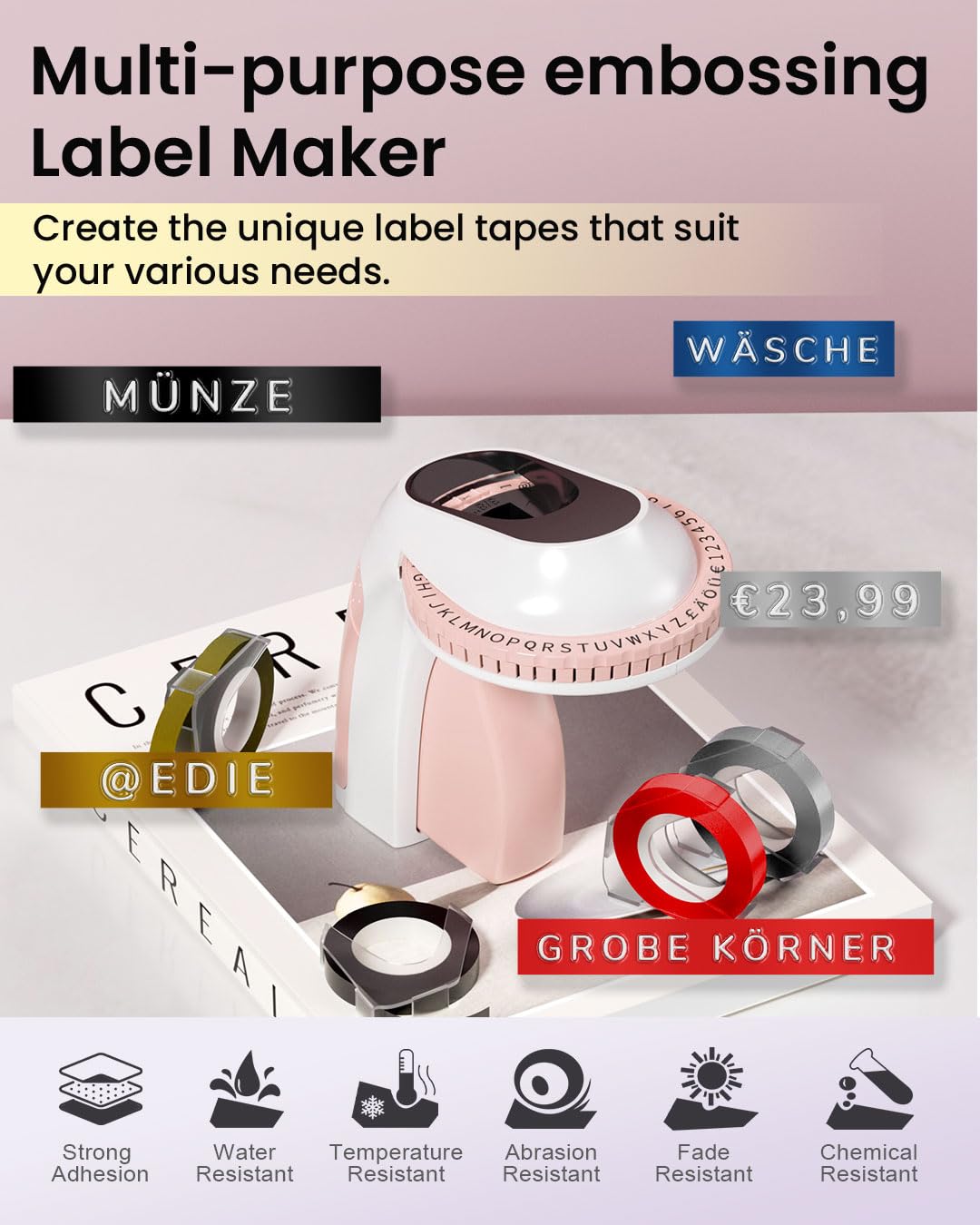 Memoking Embossed Label Maker Machine-E975 3D Embossing Label Makers with 6 Rolls Label Emboss, Handheld Vintage Embosser, Lettering Embossing Label Maker for Home, Kitchen, Gift, Organization (Pink)