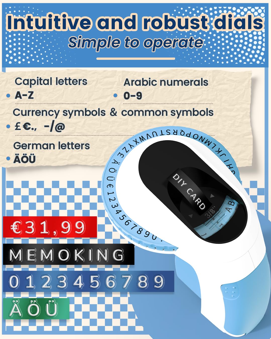 Memoking E975 Zelfklevende 3D-reliëfmachine, etiketten met 3 rollen reliëf, draagbare labelprinter met reliëf, draagbare labelprinter voor organisatie, doe-het-zelf