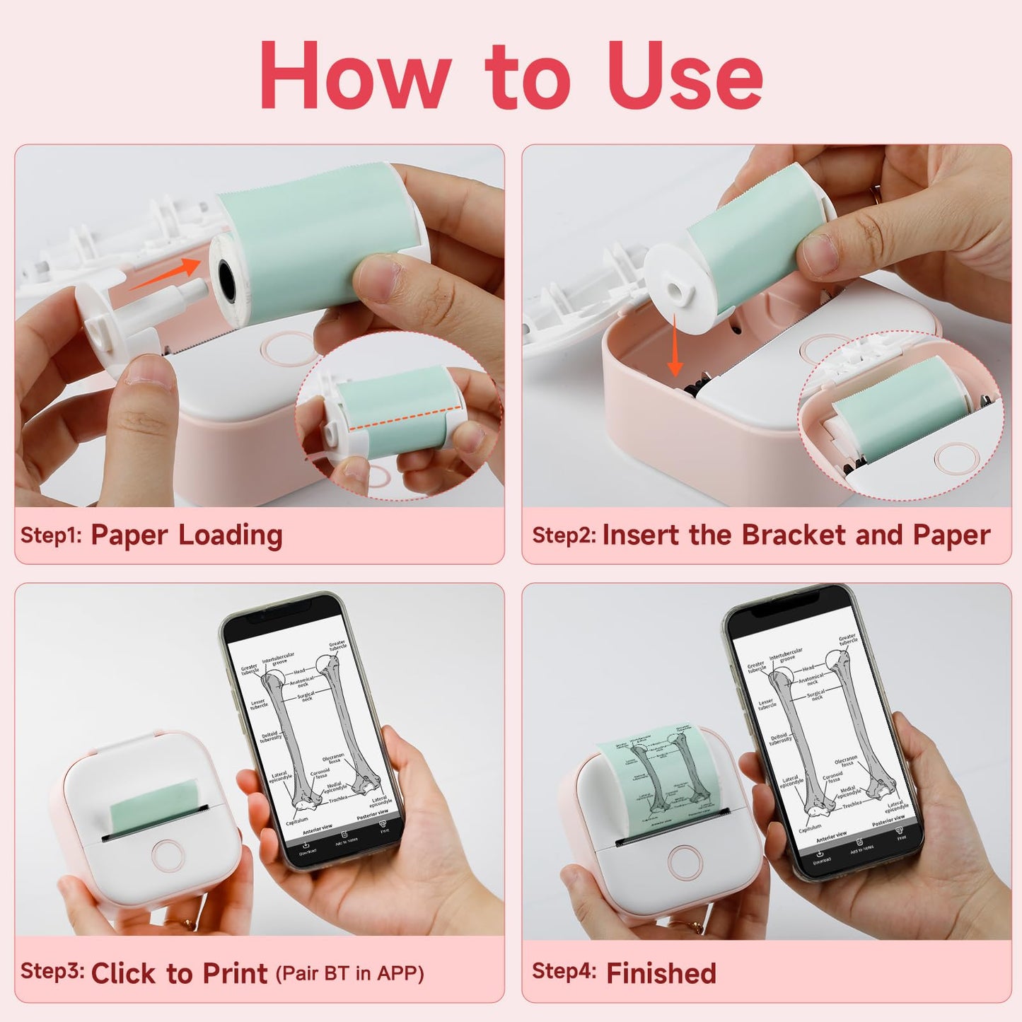 Mini Printer Sticker Maker - T02 Thermal Printer, Bluetooth Wireless Portable Phone Printer, Small Instant Pocket Printer, for Anatomy Picture, Children DIY, Pink