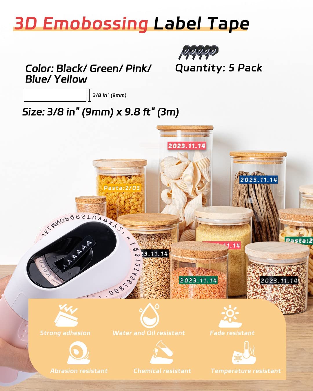 3D E975 Embossed Label Tape 3/8''(9mm) 3D Embossing Label Tape - Plastic Self-Adhesive Embossing Label, Compatible for Dymo Omega, DYMO Junior, DYMO Organizer Xpress Embossing Label Maker 5Pack