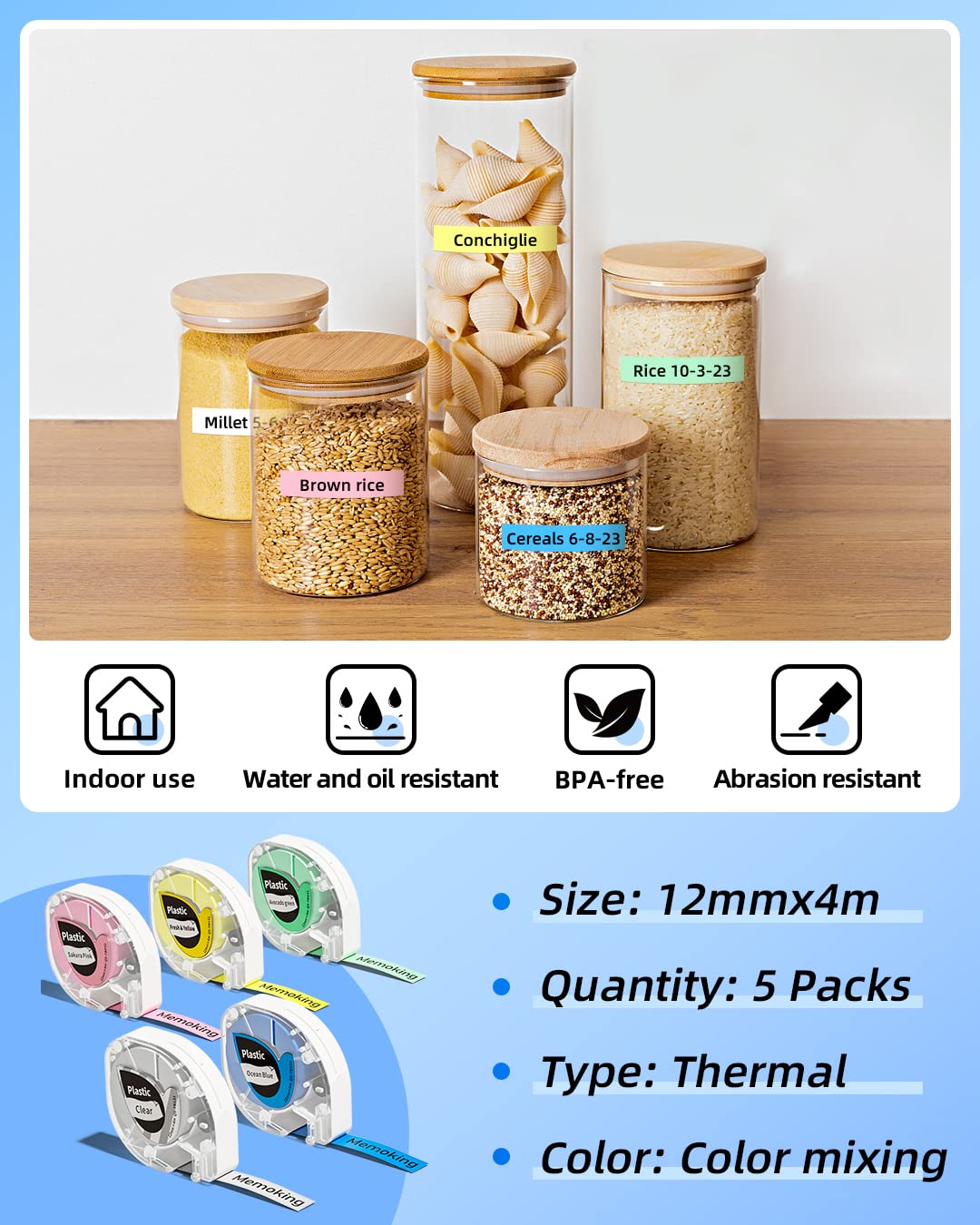 Memoking Label Maker Tape for Dymo Letratag Label Maker Refills, Compatible with Dymo Letratag Refills, 12mm x 4m P12 Pro Label Tape for Dymo Letra Tag Label Maker LT-100H LT-100T Qx50, 5-Pack