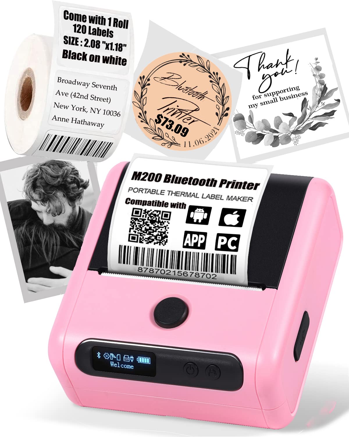 Memoking Portable Label maker, Label Printer for Small Business,Label Maker Machine with Tape for Jars,Candles,Address, Labeling, Mailing, LOGO&Product,Mini Sticker Printer for Phone & PC,Pink
