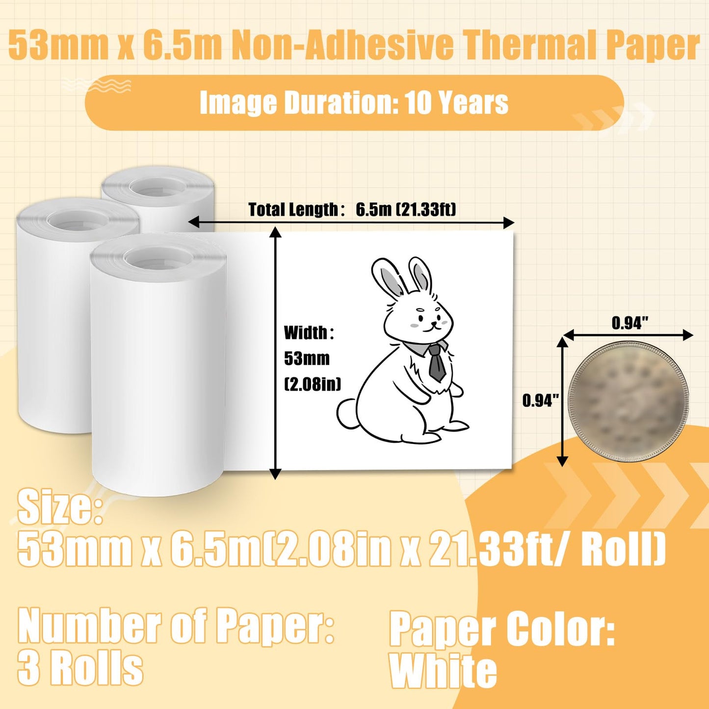 White Thermal Paper, Non-Sticky M02 Paper for T02 M02 M02S M02Pro M03 M04AS Mini Printer, 53mm x 6.5m/Roll, 3 Rolls, Memoking Paper Compatible with Phomemo Printer Paper, Keep for 10 Years
