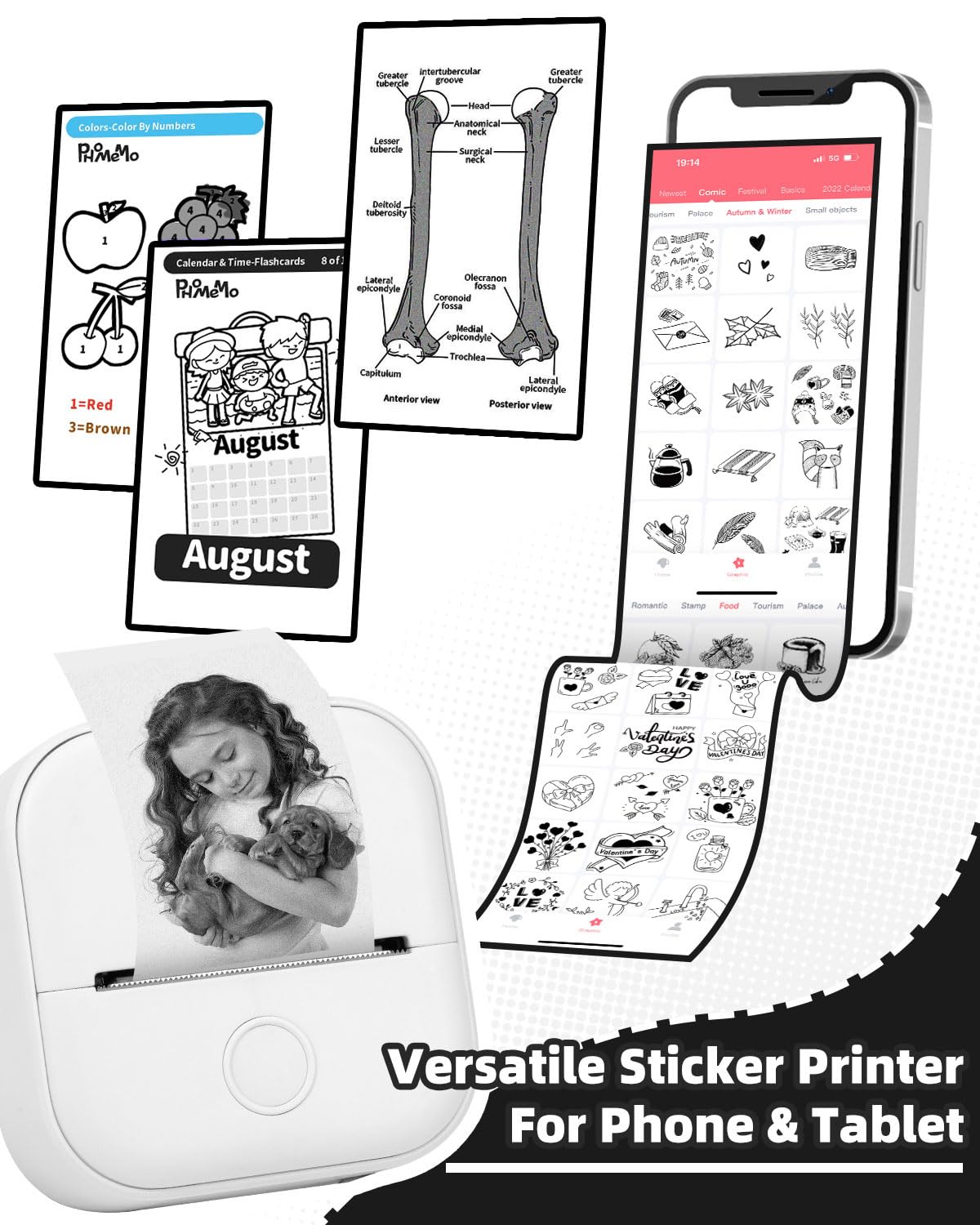 Memoking Mini Portable Sticker Printer - T02 Pocket Printer with 3 Rolls Paper, Bluetooth Picture Receipt Printers for Children Birthday, Compatible with Phone & Tablet, White