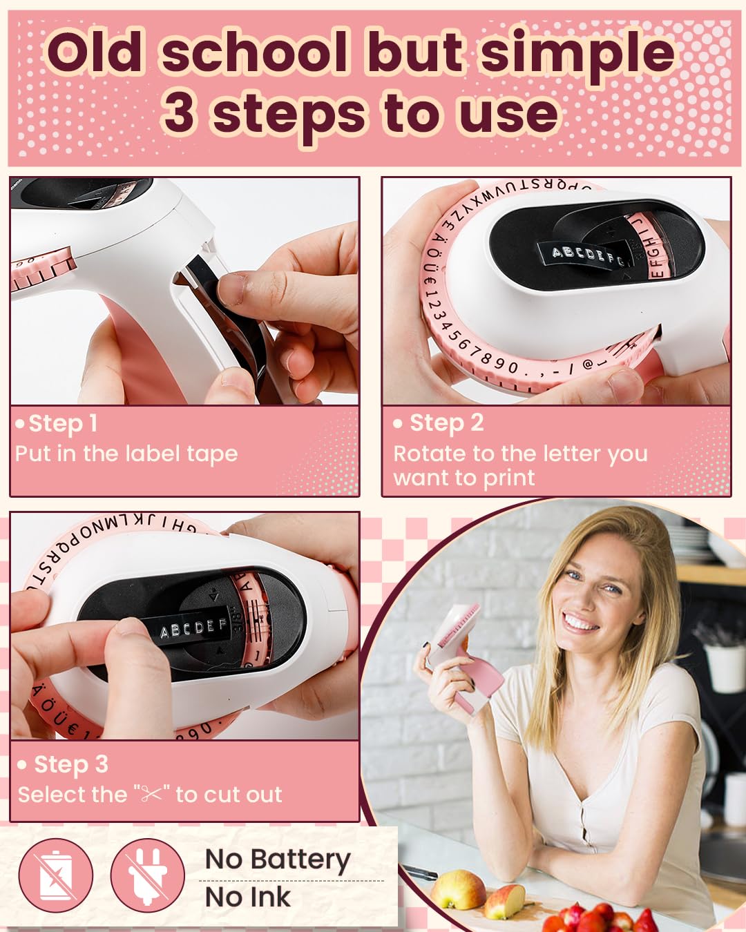 Memoking Embossed Label Maker Machine-E975 3D Embossing Label Makers with 6 Rolls Label Emboss, Handheld Vintage Embosser, Lettering Label Maker Embossing for Home, Kitchen, Gift, Organization (Pink)