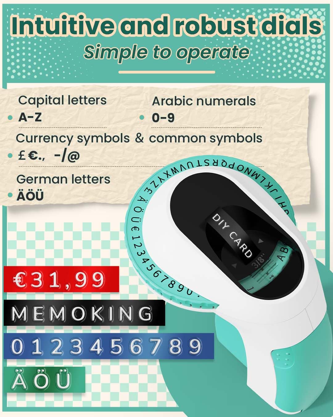 Memoking E975 Étiqueteuse 3D avec 3 rouleaux d'étiquettes, appareil de gaufrage portatif avec gaufrage, appareil de gaufrage portable pour la maison, le bricolage (£/€, Ä, Ö, Ü)