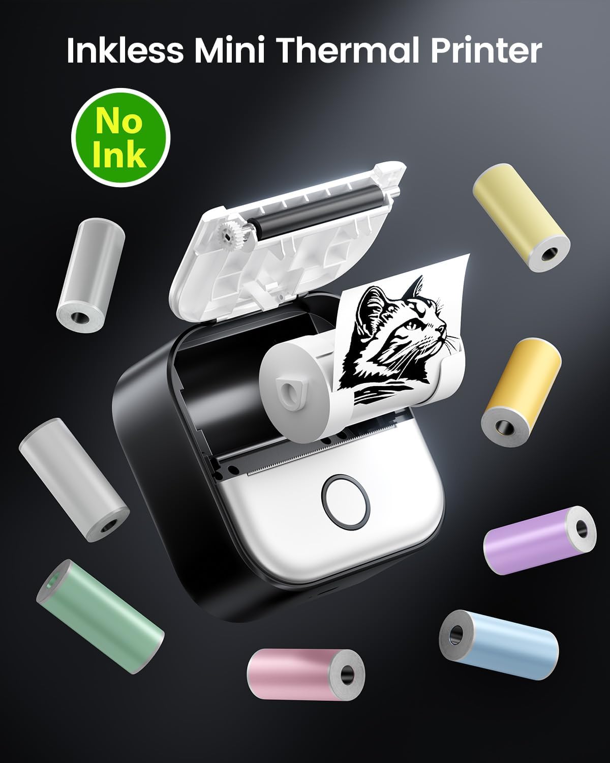 Memoking Mini Printer - Sticker Printer T02 Thermal Sticker Maker Machine Mini Portable Pocket Machine Inkless Label Maker for Anatomy Flashcard, Journal, Note, Receipt, Kids, Black
