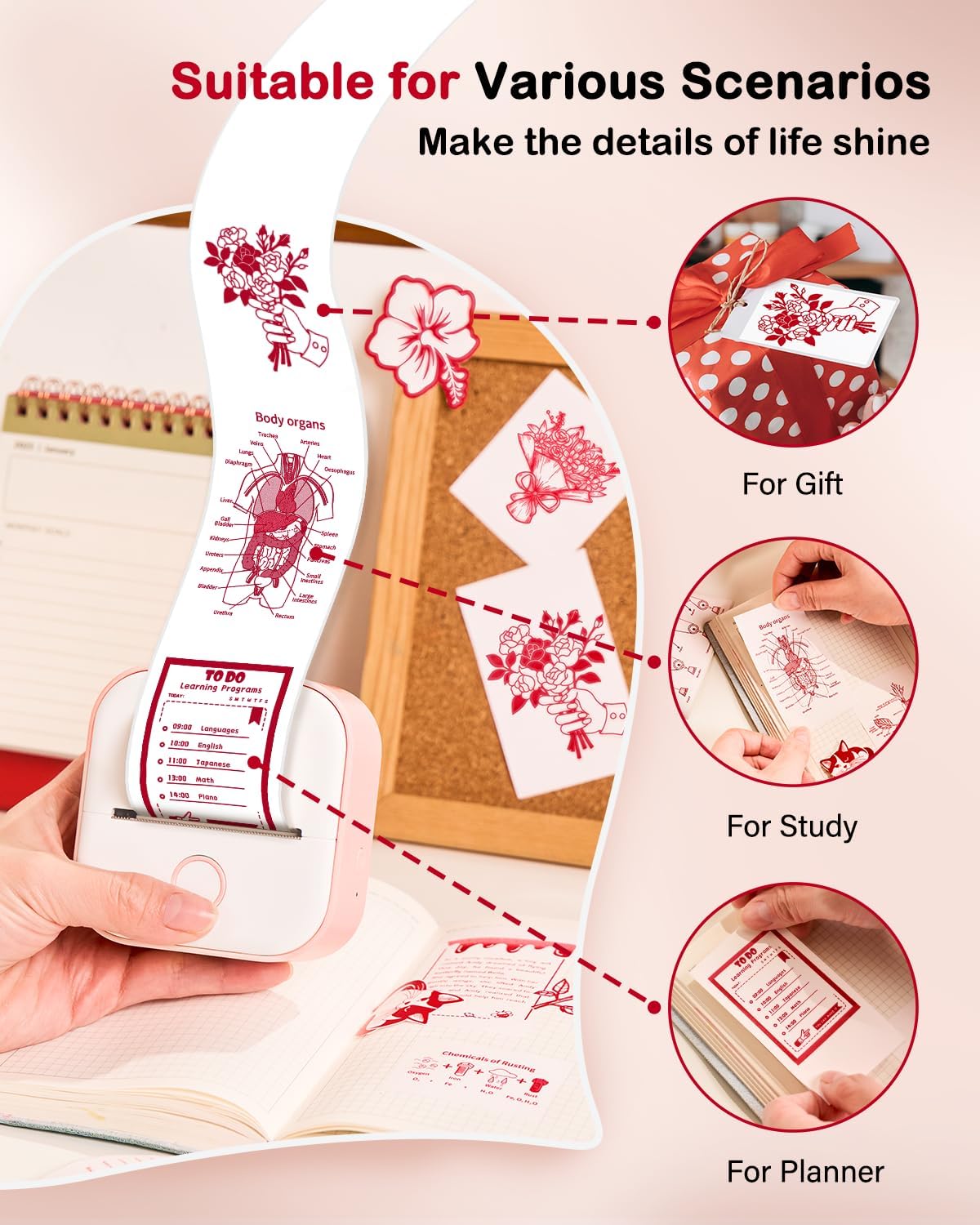 Memoking T02 / M02X / M02L Red on White Thermal Paper Roll, T02 Mini Printer Sticker Paper, T02 Sticker Paper, T02 Mini Printer Paper, T02 Printer Paper Color, 2-Year Sticky 50mm x 3.5m, 3 Rolls