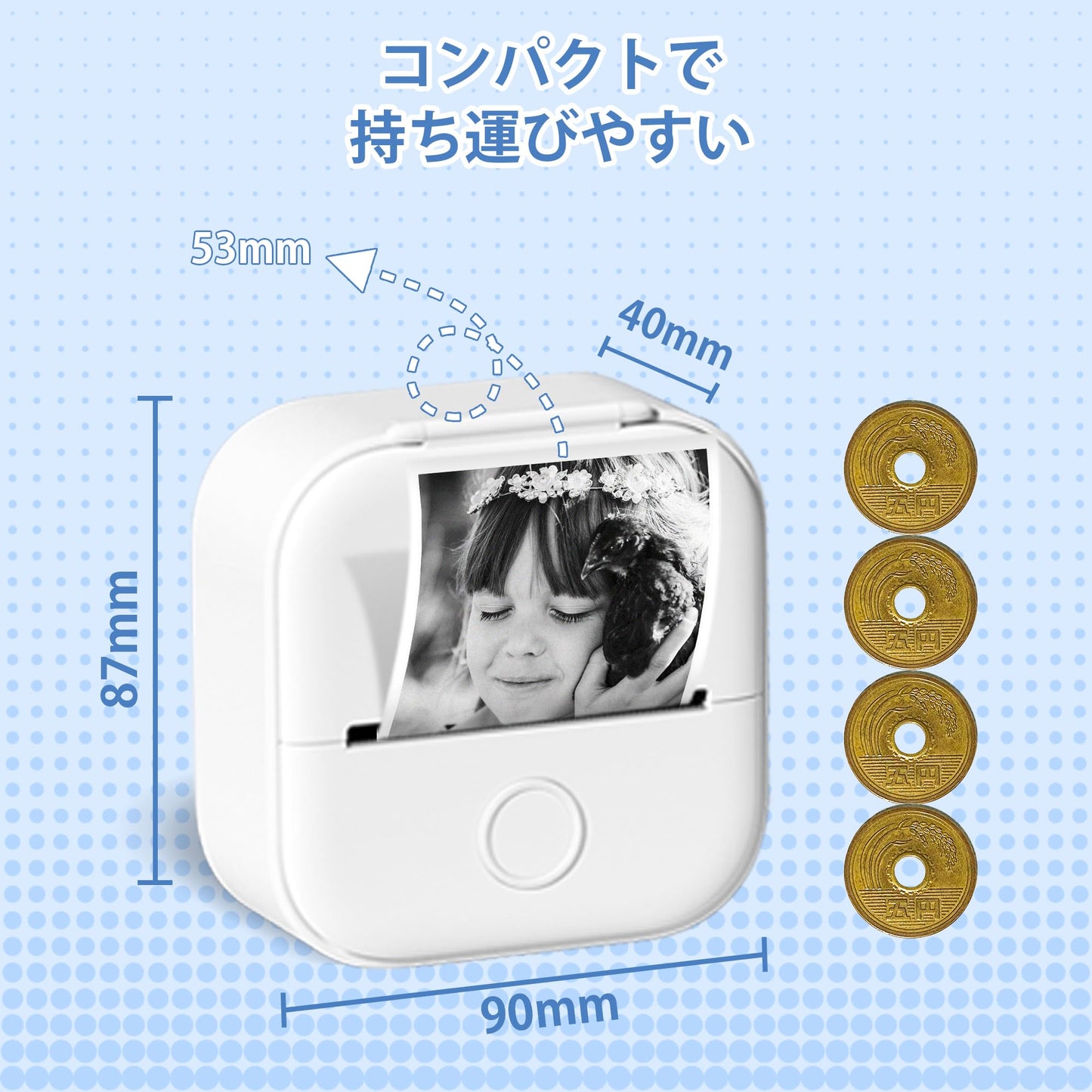 Memoking T02 ミニプリンター サーマルプリンター 感熱プリンター 携帯プリンター 手帳プリンター スマホプリンター メモプリンター 勉強用 プリンター 203dpi スマホ専用 モノクロ 感熱式 フォトプリンター 充電でき ギフト プレゼント葉書 写真 メモ 手帳 リスト 予定表 53mm幅 ロール紙1個付 自宅学習 プレゼント フォメモ ホワイト