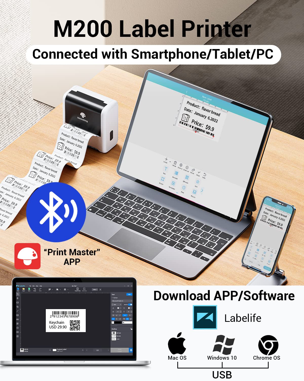 Memoking M200 imprimante d'étiquettes, étiqueteuse Thermique Portable pour Petites Entreprises, étiquettes de Prix, Codes-Barres de Produits, Compatible avec Les Smartphones et Les PC - Blanc