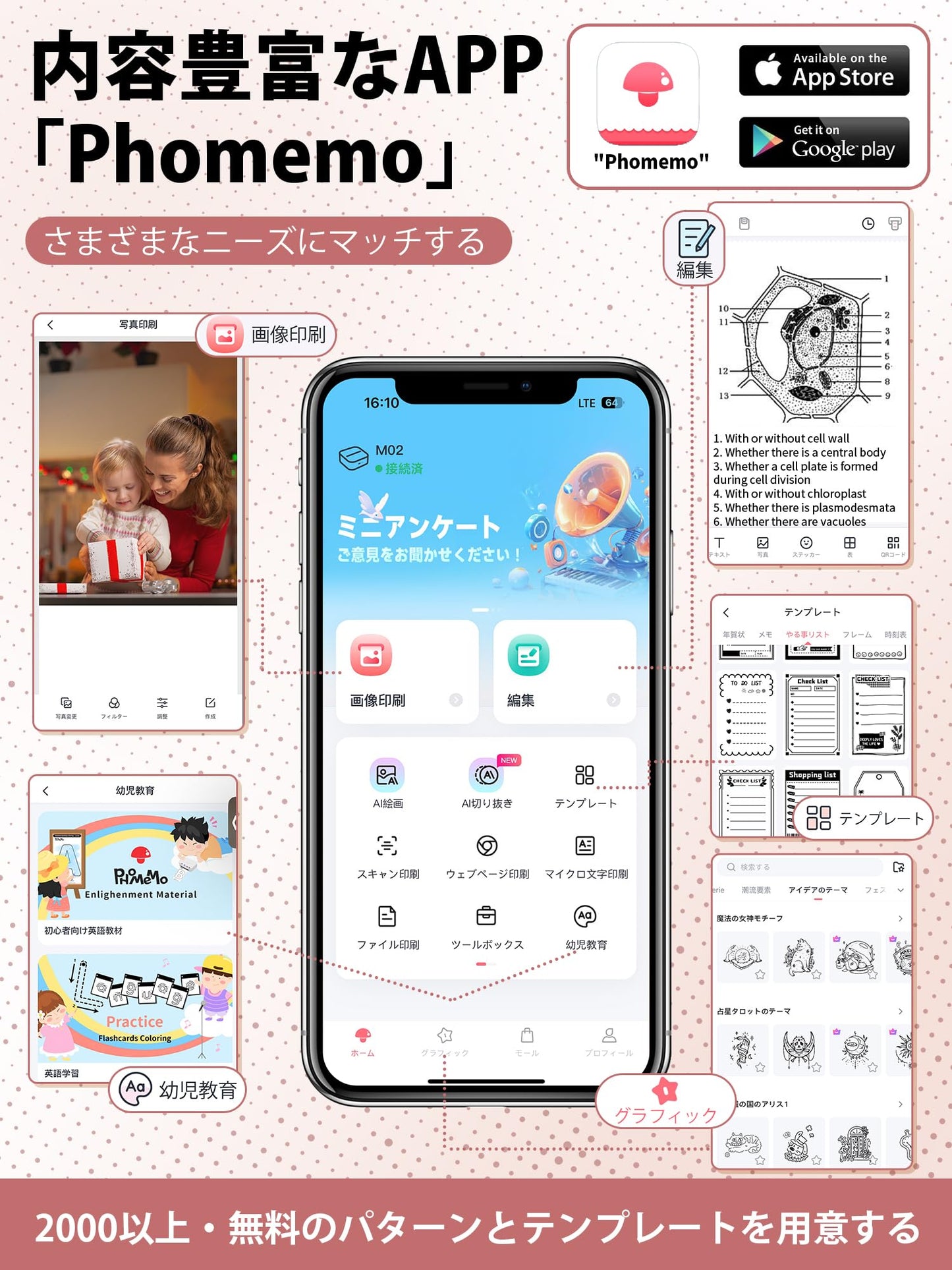 サーマルプリンター M02 ミニプリンター Memoking スマホ対応 モバイルプリンター 感熱プリンター メモプリンター コンパクトプリンター フォトプリンター Bluetooth接続 学習ノート/はがき/写真アルバム/手帳/メモ/買い物リストに使用 専用アプリ 日本語対応 3本ロール状の感熱紙が付属 フォメモ ピンク